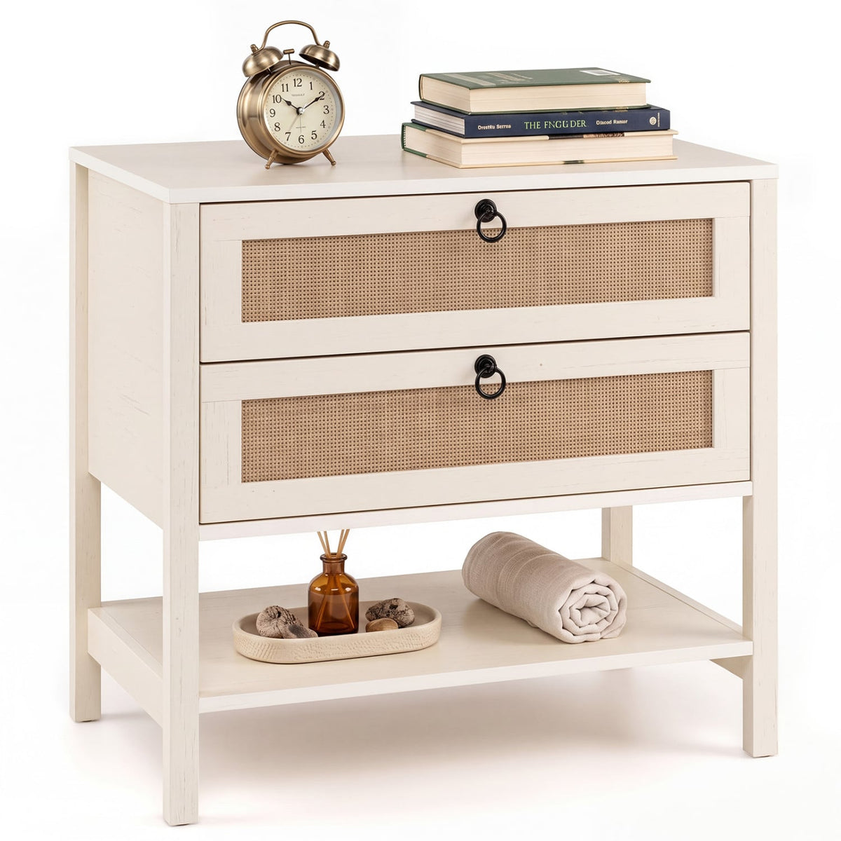 Boho Rattan Nightstand with 2 Drawers and Bottom Open Shelf-White-Nightstands-DECOROLALA