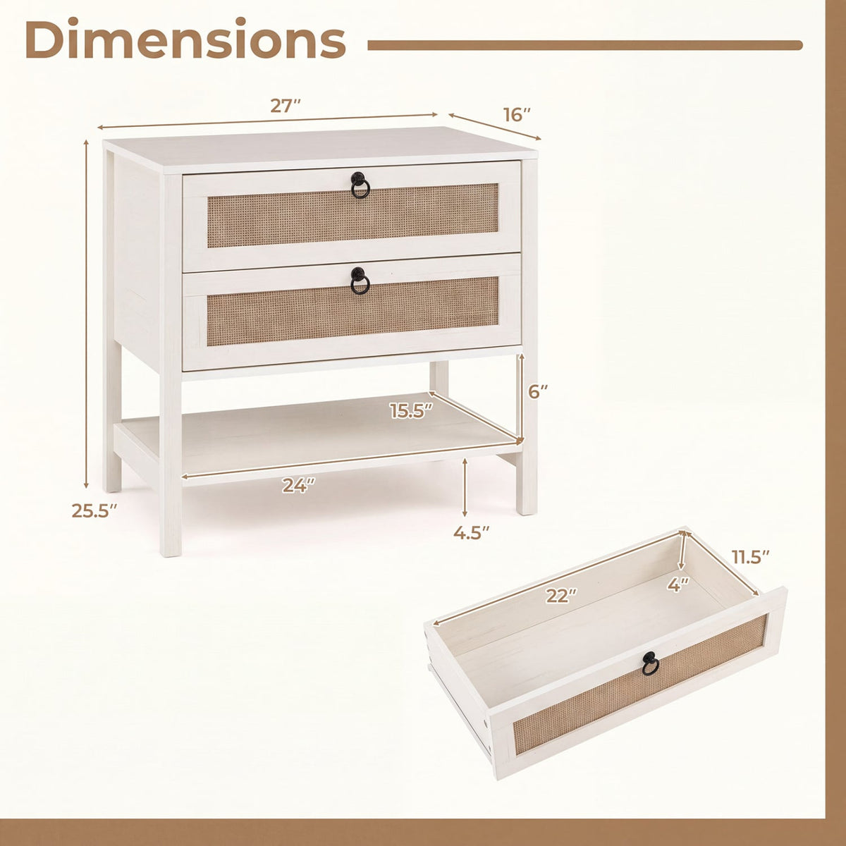 Boho Rattan Nightstand with 2 Drawers and Bottom Open Shelf-White-Nightstands-DECOROLALA