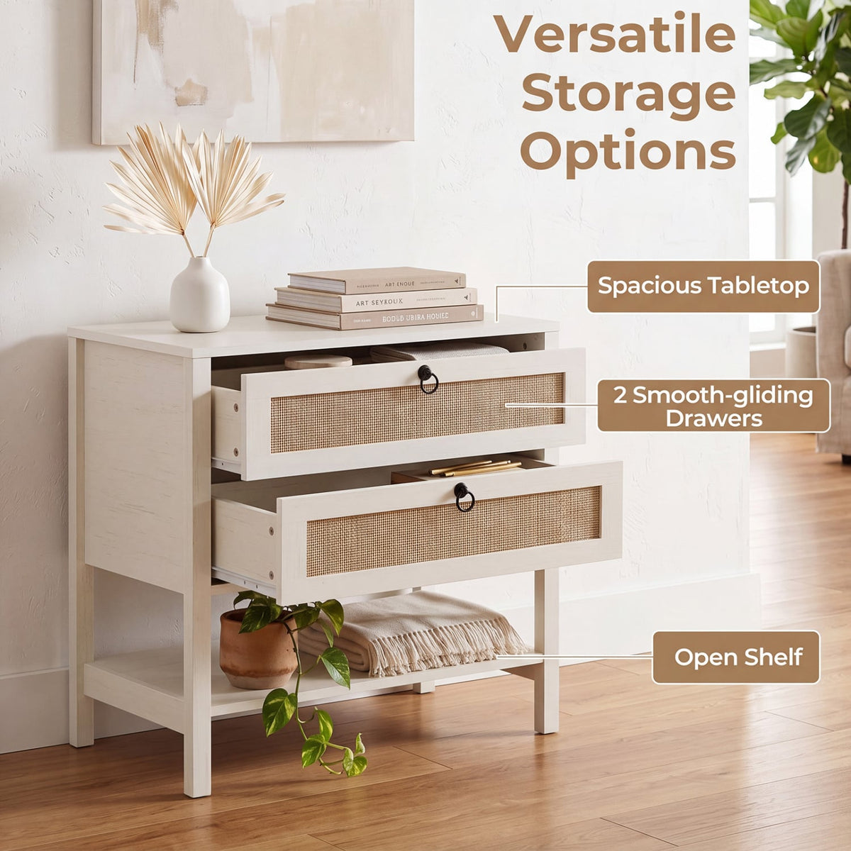 Boho Rattan Nightstand with 2 Drawers and Bottom Open Shelf-White-Nightstands-DECOROLALA