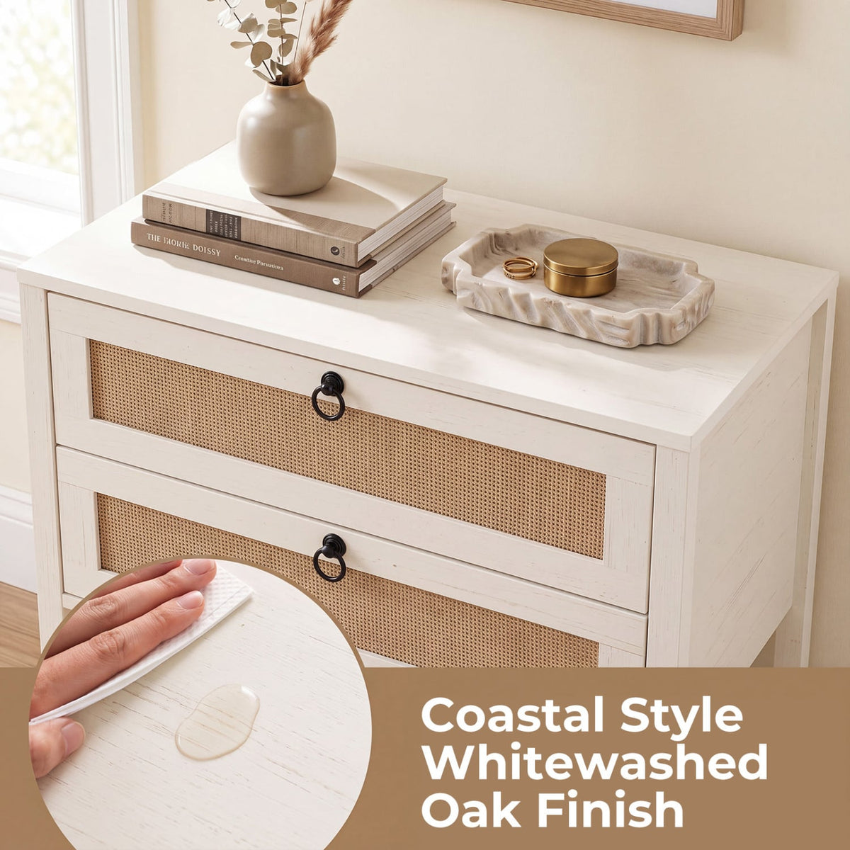 Boho Rattan Nightstand with 2 Drawers and Bottom Open Shelf-White-Nightstands-DECOROLALA