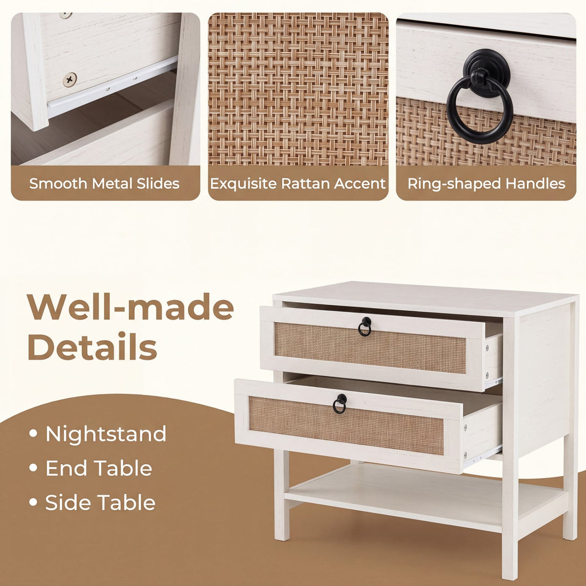 Boho Rattan Nightstand with 2 Drawers and Bottom Open Shelf-White-Nightstands-DECOROLALA