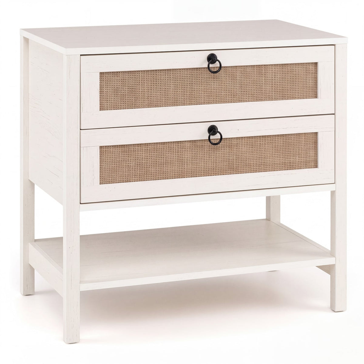 Boho Rattan Nightstand with 2 Drawers and Bottom Open Shelf-White-Nightstands-DECOROLALA