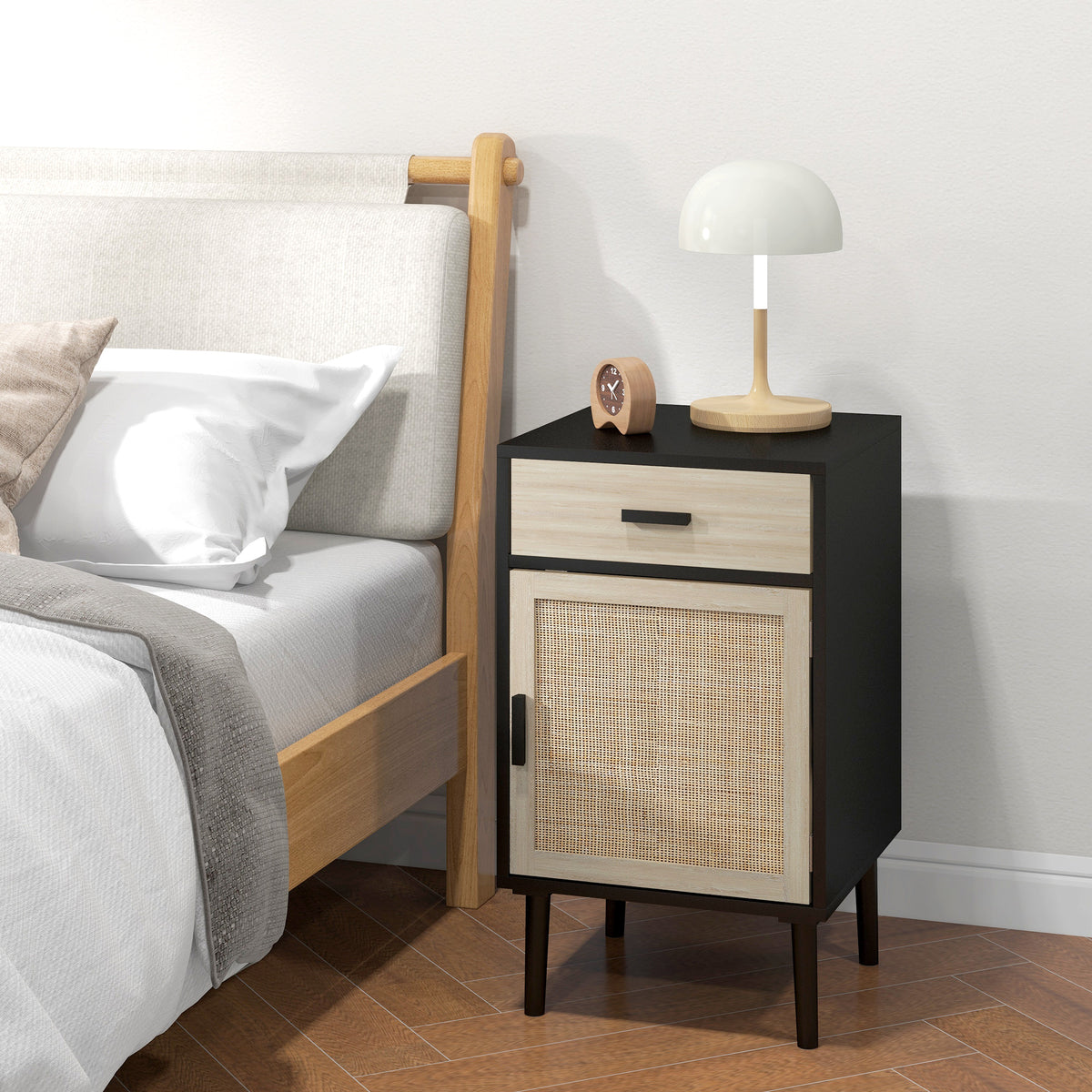 Boho Rattan Nightstands Set of 2 - Black Bedside Tables-Nightstands-DECOROLALA