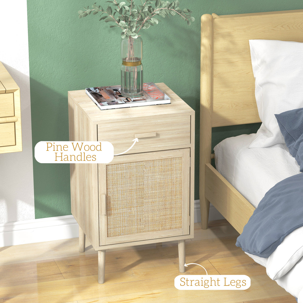 Boho Rattan Nightstands Set of 2 - Oak Bedside Tables-Nightstands-DECOROLALA