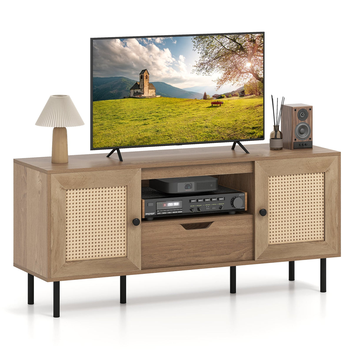 Boho Rattan TV Stand for 60 Inch TV - Natural 52" Media Console-Entertainment Centers & TV Stands-DECOROLALA