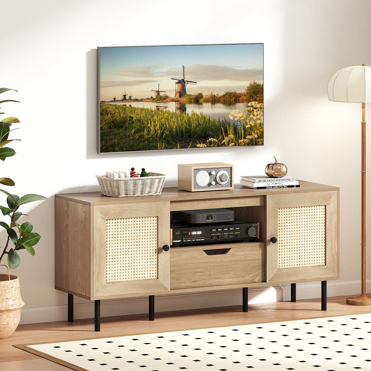 Boho Rattan TV Stand for 60 Inch TV - Natural 52" Media Console-Entertainment Centers & TV Stands-DECOROLALA