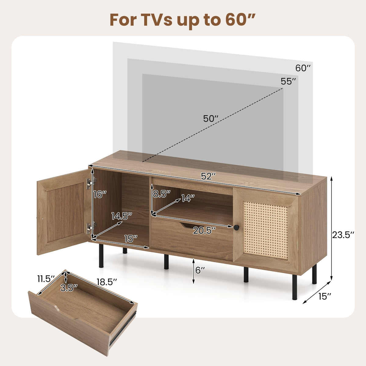 Boho Rattan TV Stand for 60 Inch TV - Natural 52" Media Console-Entertainment Centers & TV Stands-DECOROLALA