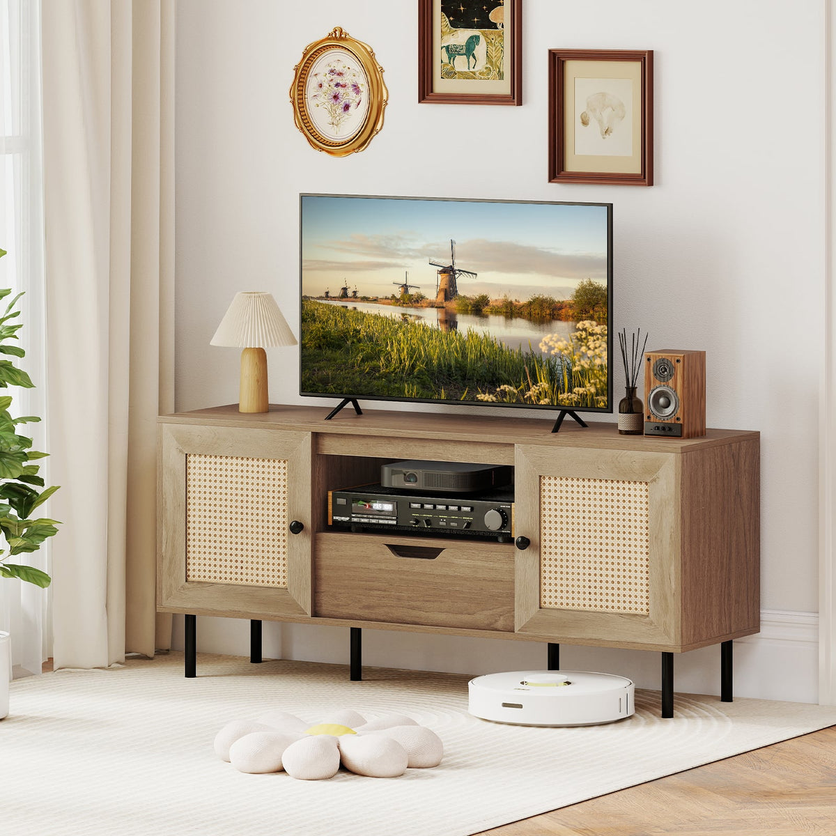 Boho Rattan TV Stand for 60 Inch TV - Natural 52" Media Console-Entertainment Centers & TV Stands-DECOROLALA