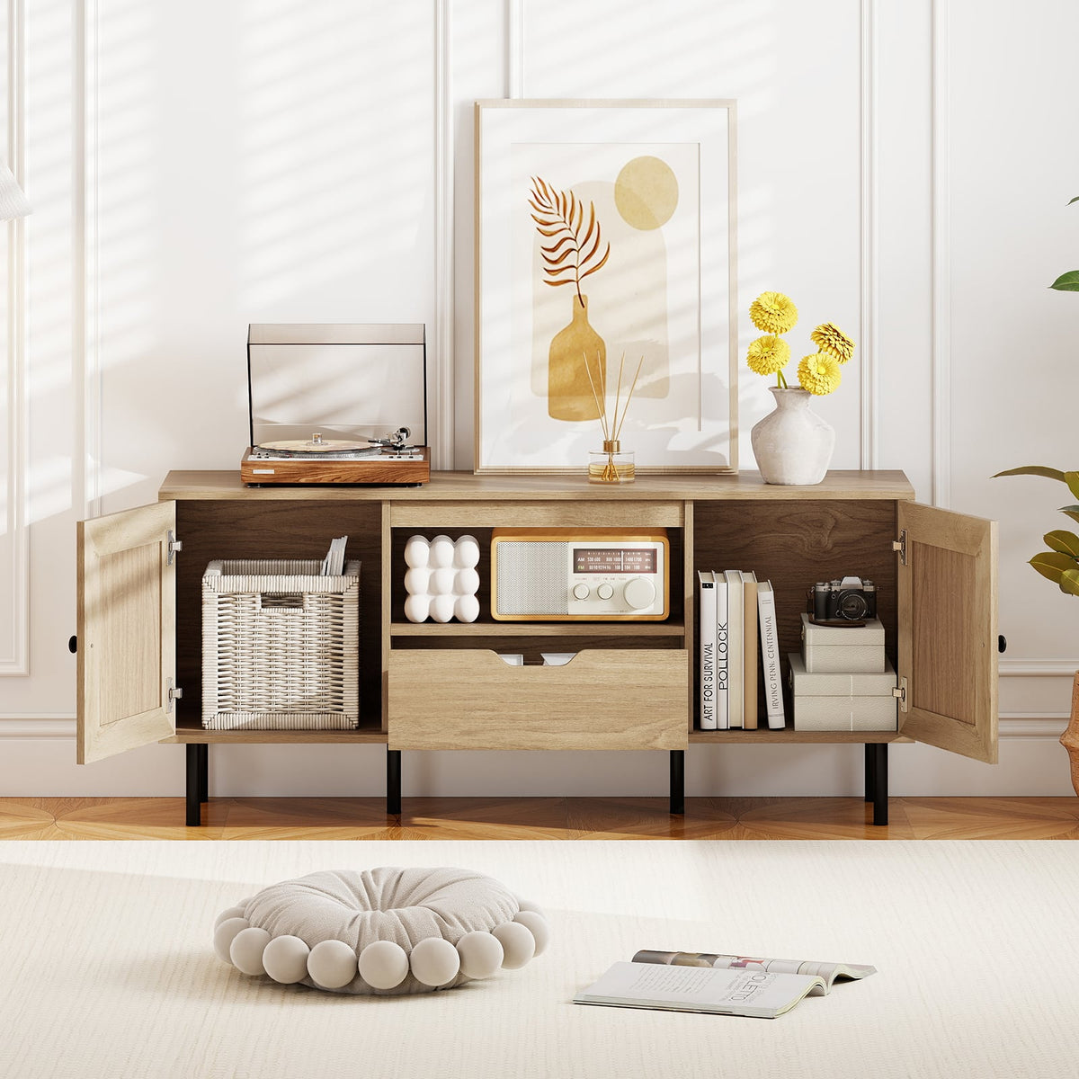 Boho Rattan TV Stand for 60 Inch TV - Natural 52" Media Console-Entertainment Centers & TV Stands-DECOROLALA