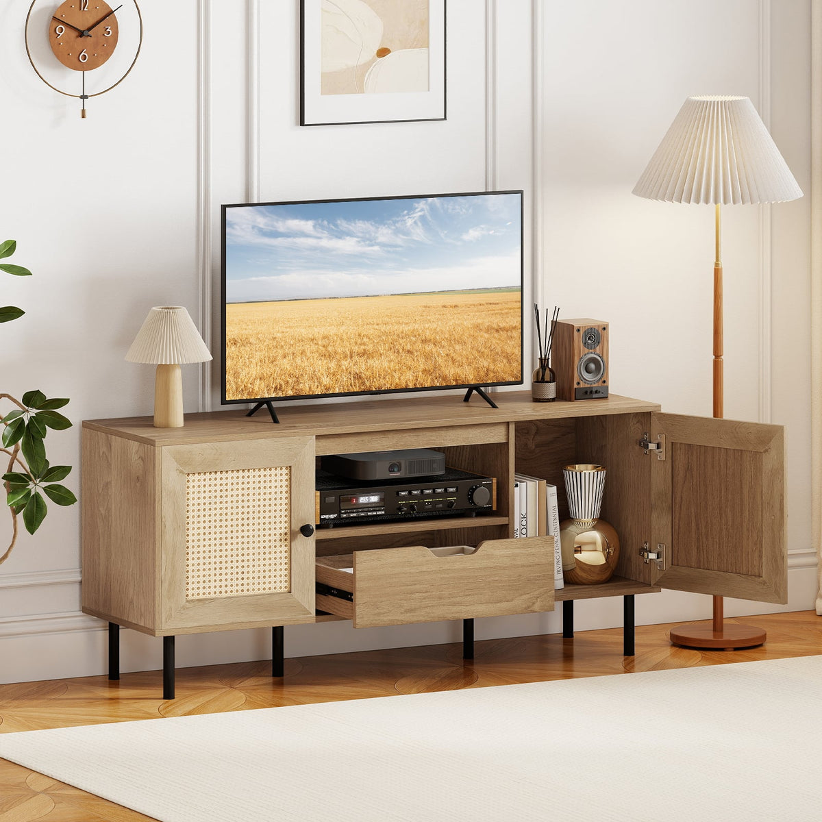 Boho Rattan TV Stand for 60 Inch TV - Natural 52" Media Console-Entertainment Centers & TV Stands-DECOROLALA