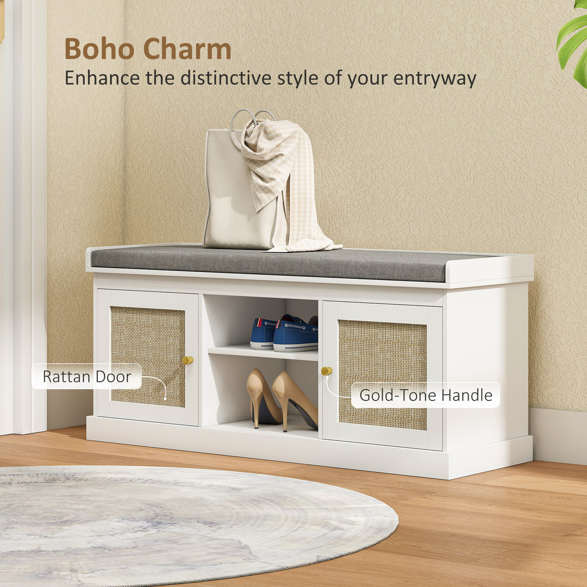 Boho Shoe Bench with Rattan Doors and Cushion - White-Home Furnishings > Storage & Organization > Shoe Storage Cabinets & Racks-DECOROLALA