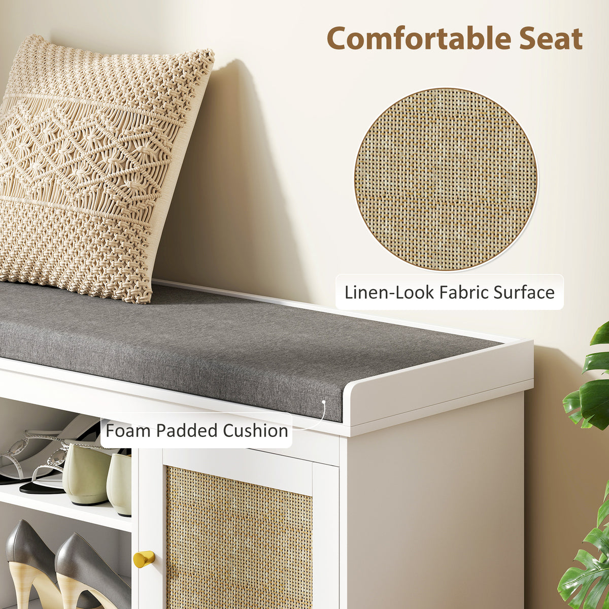 Boho Shoe Bench with Rattan Doors and Cushion - White-Home Furnishings > Storage & Organization > Shoe Storage Cabinets & Racks-DECOROLALA
