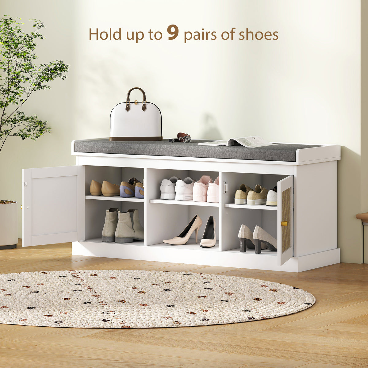 Boho Shoe Bench with Rattan Doors and Cushion - White-Home Furnishings > Storage & Organization > Shoe Storage Cabinets & Racks-DECOROLALA