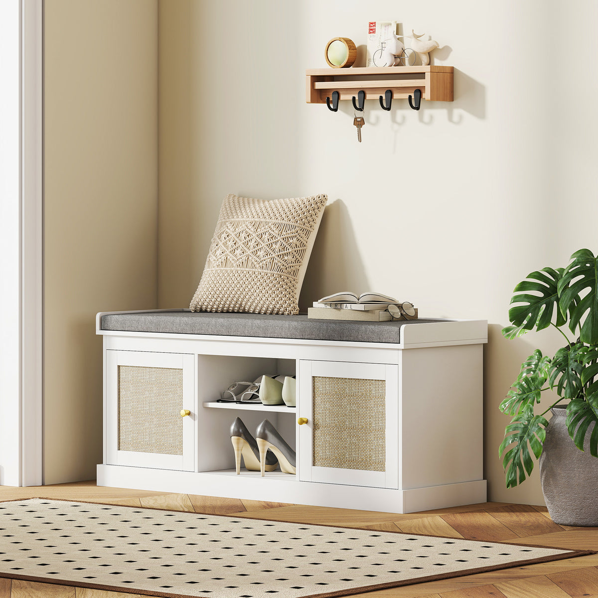Boho Shoe Bench with Rattan Doors and Cushion - White-Home Furnishings > Storage & Organization > Shoe Storage Cabinets & Racks-DECOROLALA