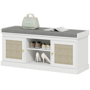 Boho Shoe Bench with Rattan Doors and Cushion - White-Home Furnishings > Storage & Organization > Shoe Storage Cabinets & Racks-DECOROLALA