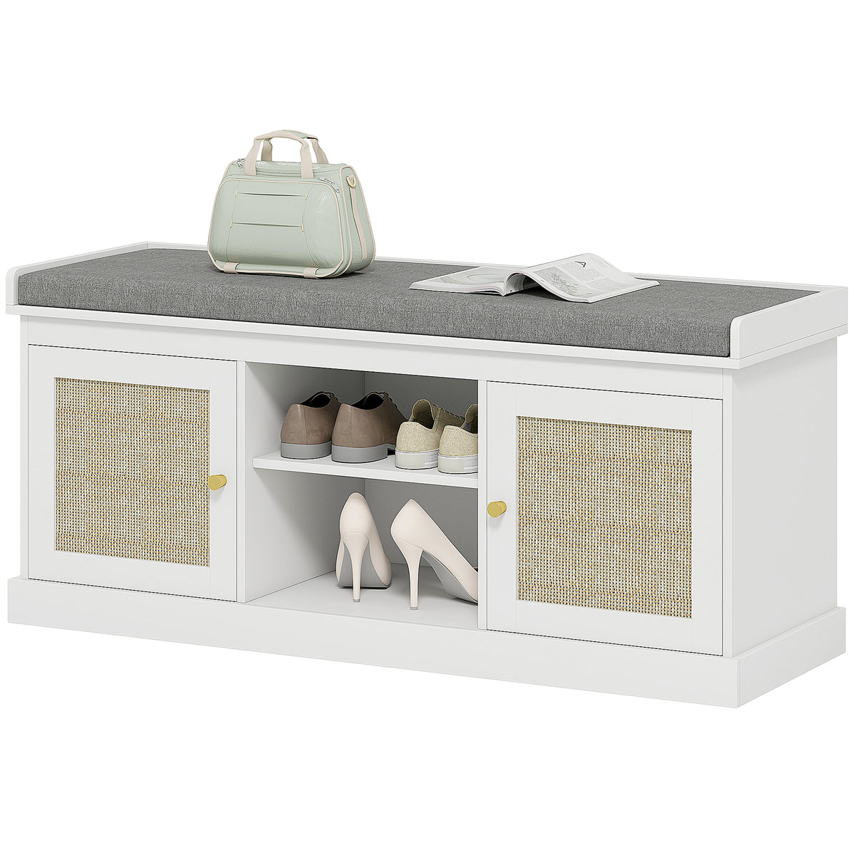 Boho Shoe Bench with Rattan Doors and Cushion - White-Home Furnishings > Storage & Organization > Shoe Storage Cabinets & Racks-DECOROLALA