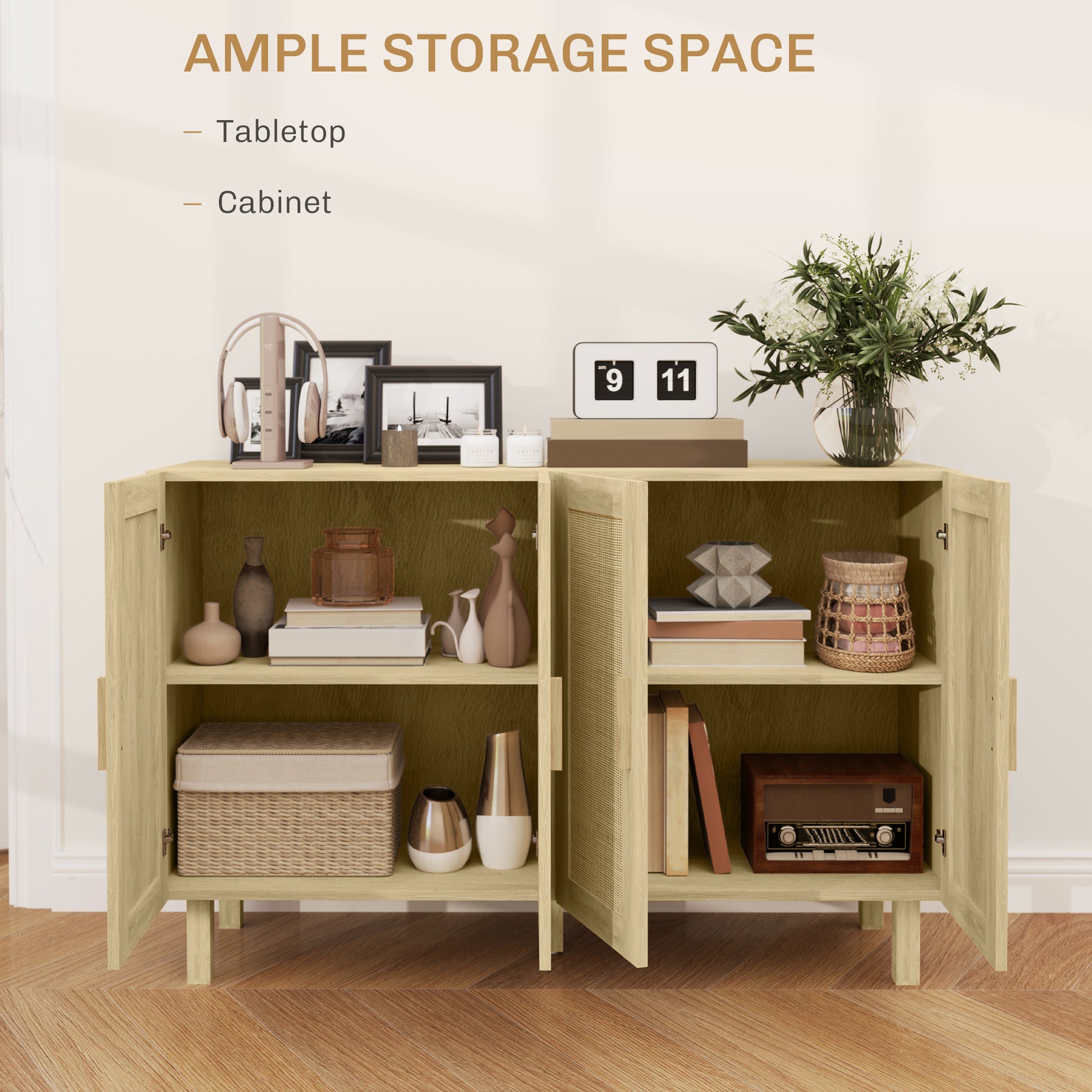 Boho Sideboard Buffet - 4 Rattan Doors, Adjustable Shelves, Natural Storage Cabinet 50"-DECOROLALA