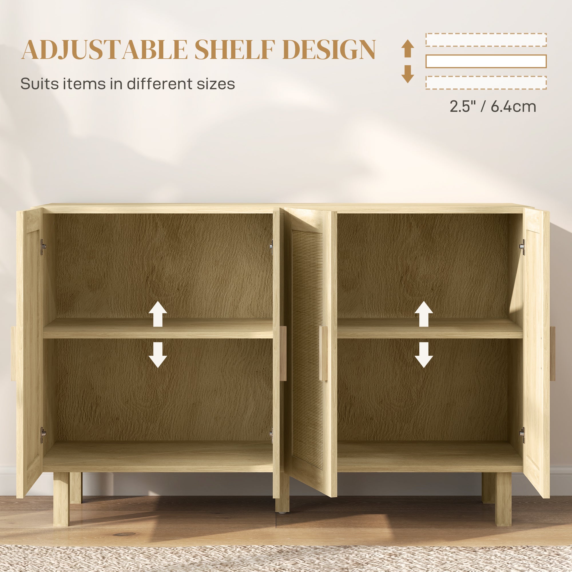 Boho Sideboard Buffet - 4 Rattan Doors, Adjustable Shelves, Natural Storage Cabinet 50"-DECOROLALA