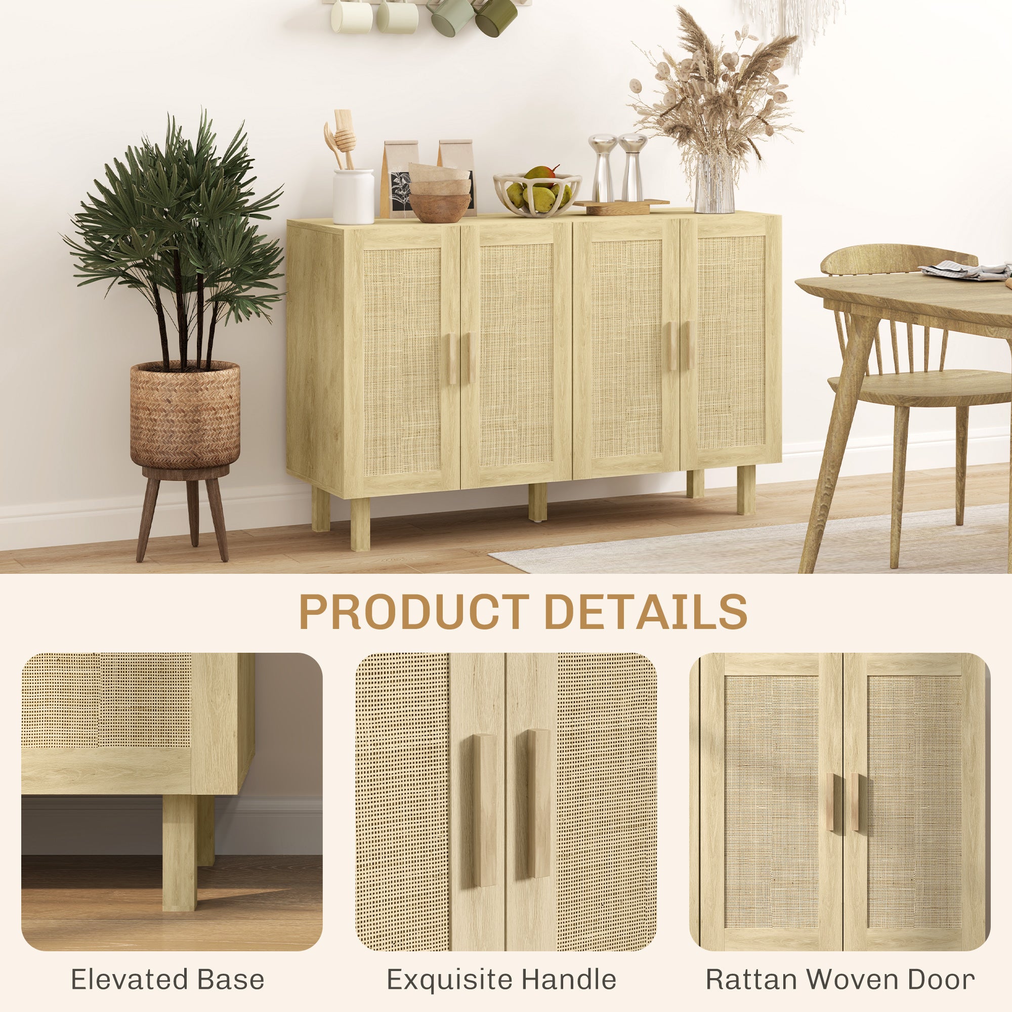 Boho Sideboard Buffet - 4 Rattan Doors, Adjustable Shelves, Natural Storage Cabinet 50"-DECOROLALA
