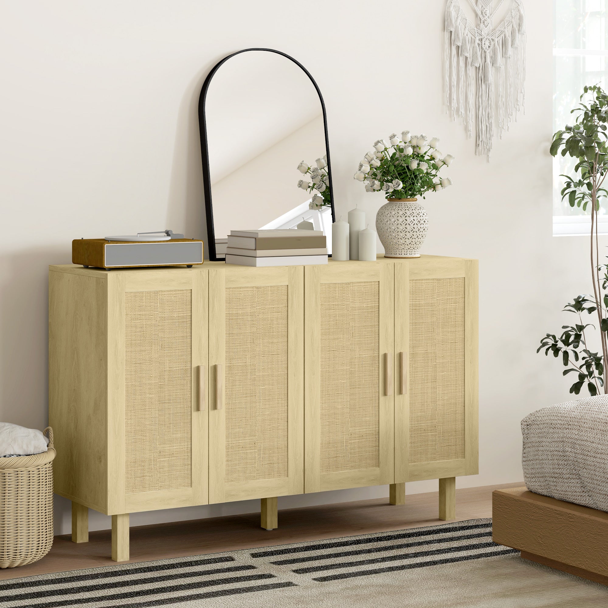Boho Sideboard Buffet - 4 Rattan Doors, Adjustable Shelves, Natural Storage Cabinet 50"-DECOROLALA