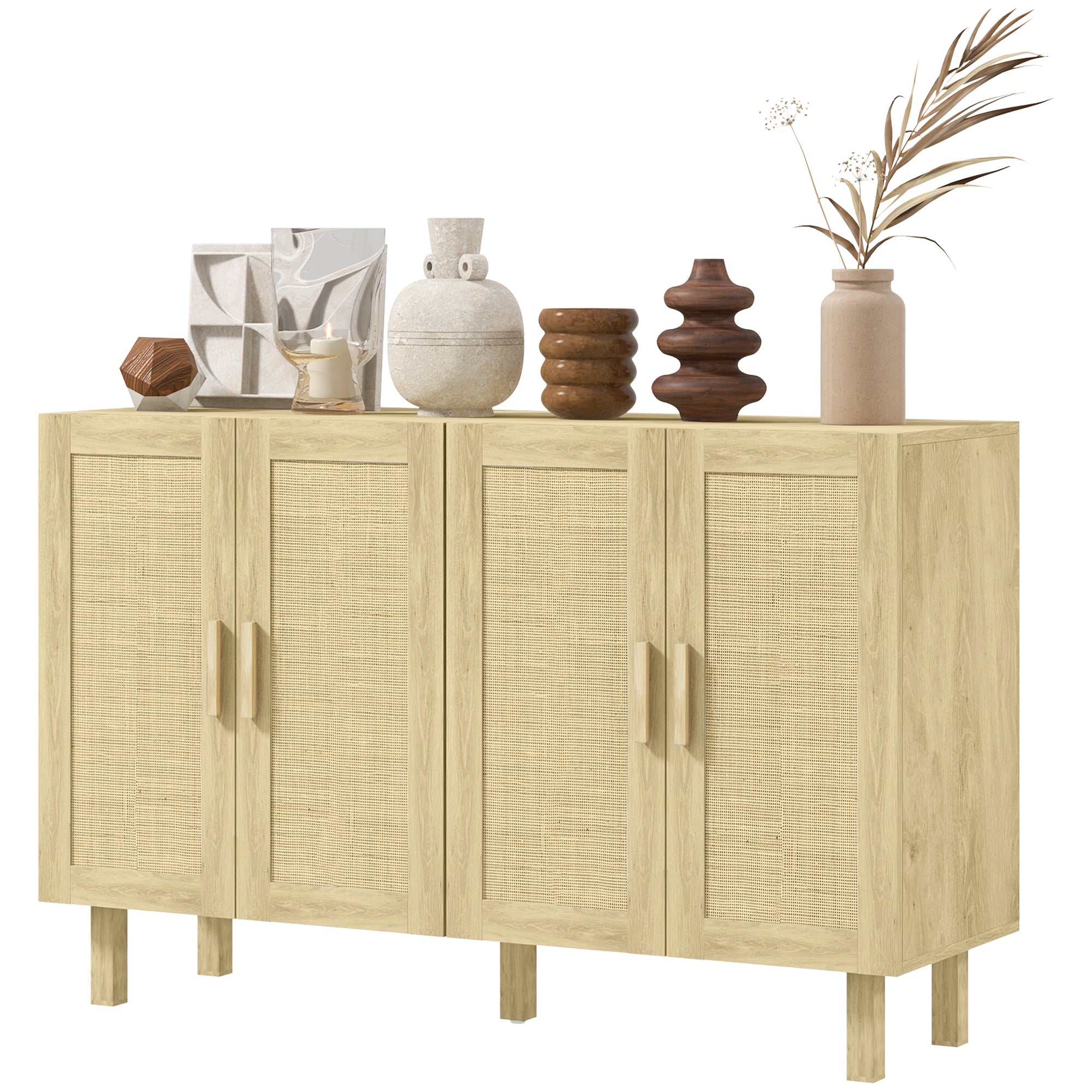 Boho Sideboard Buffet - 4 Rattan Doors, Adjustable Shelves, Natural Storage Cabinet 50"-DECOROLALA