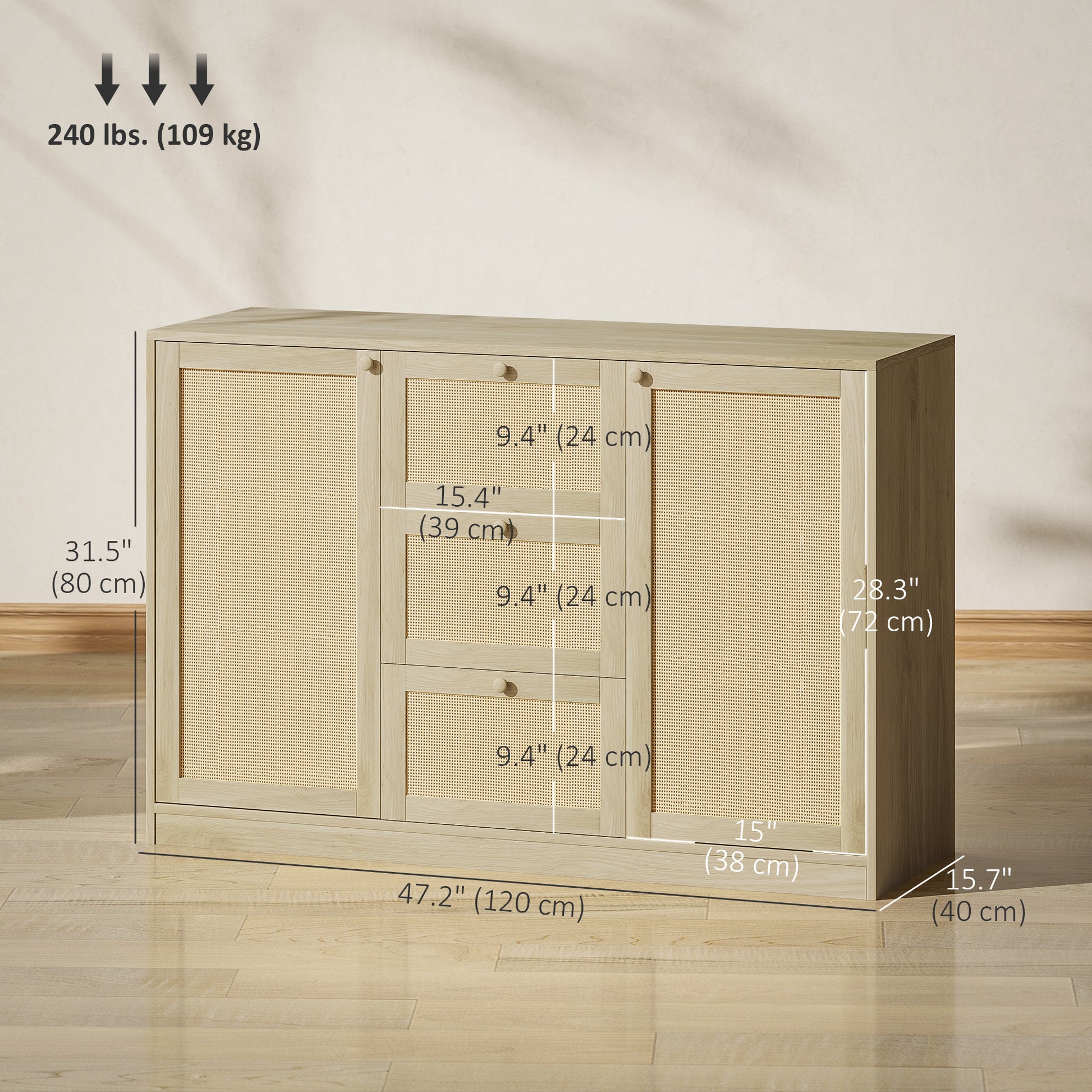 Boho Sideboard - Rattan Buffet Cabinet with 3 Drawers Natural-DECOROLALA