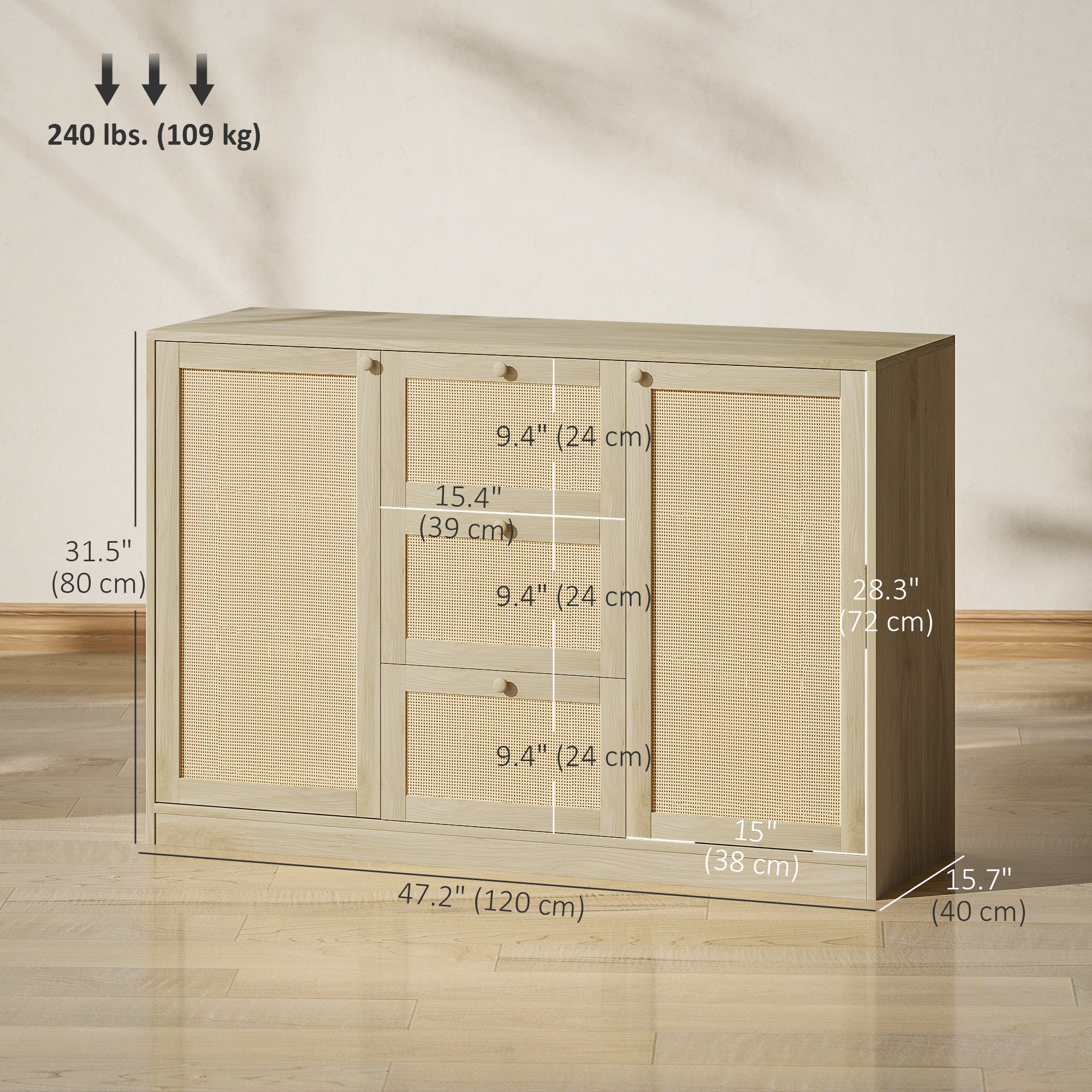 Boho Sideboard - Rattan Buffet Cabinet with 3 Drawers Natural-DECOROLALA