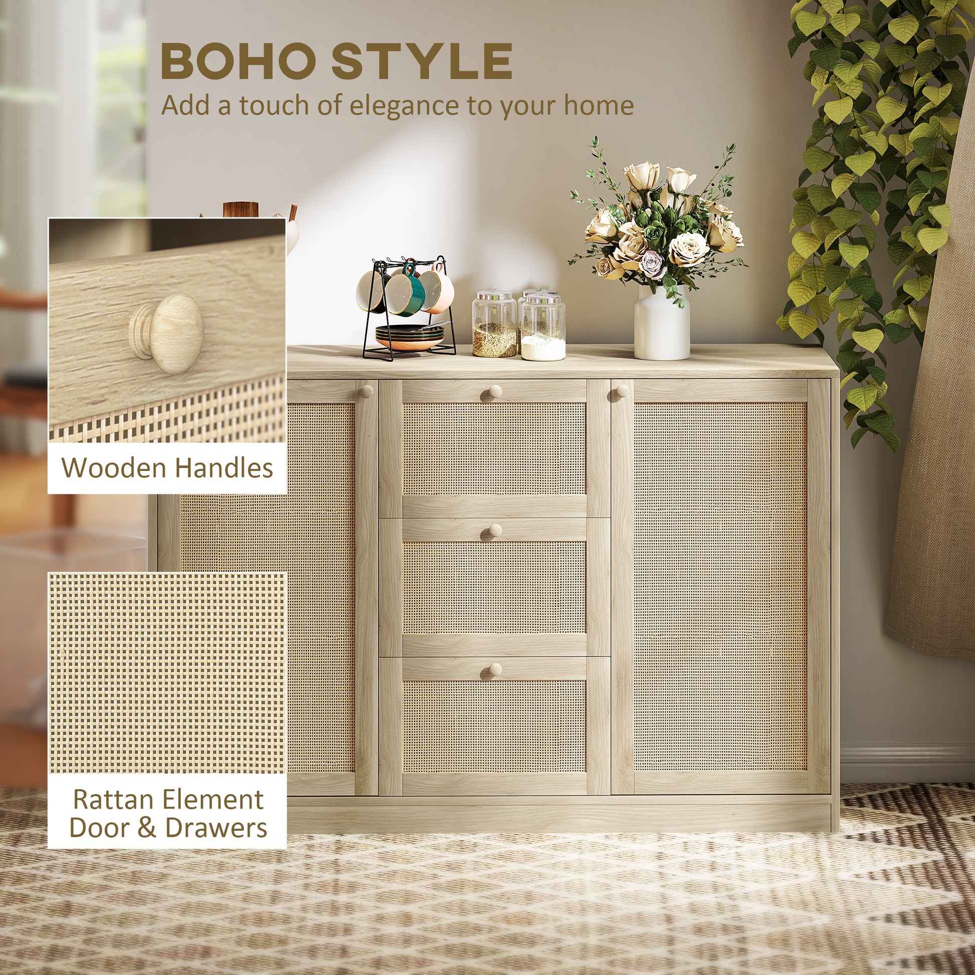 Boho Sideboard - Rattan Buffet Cabinet with 3 Drawers Natural-DECOROLALA