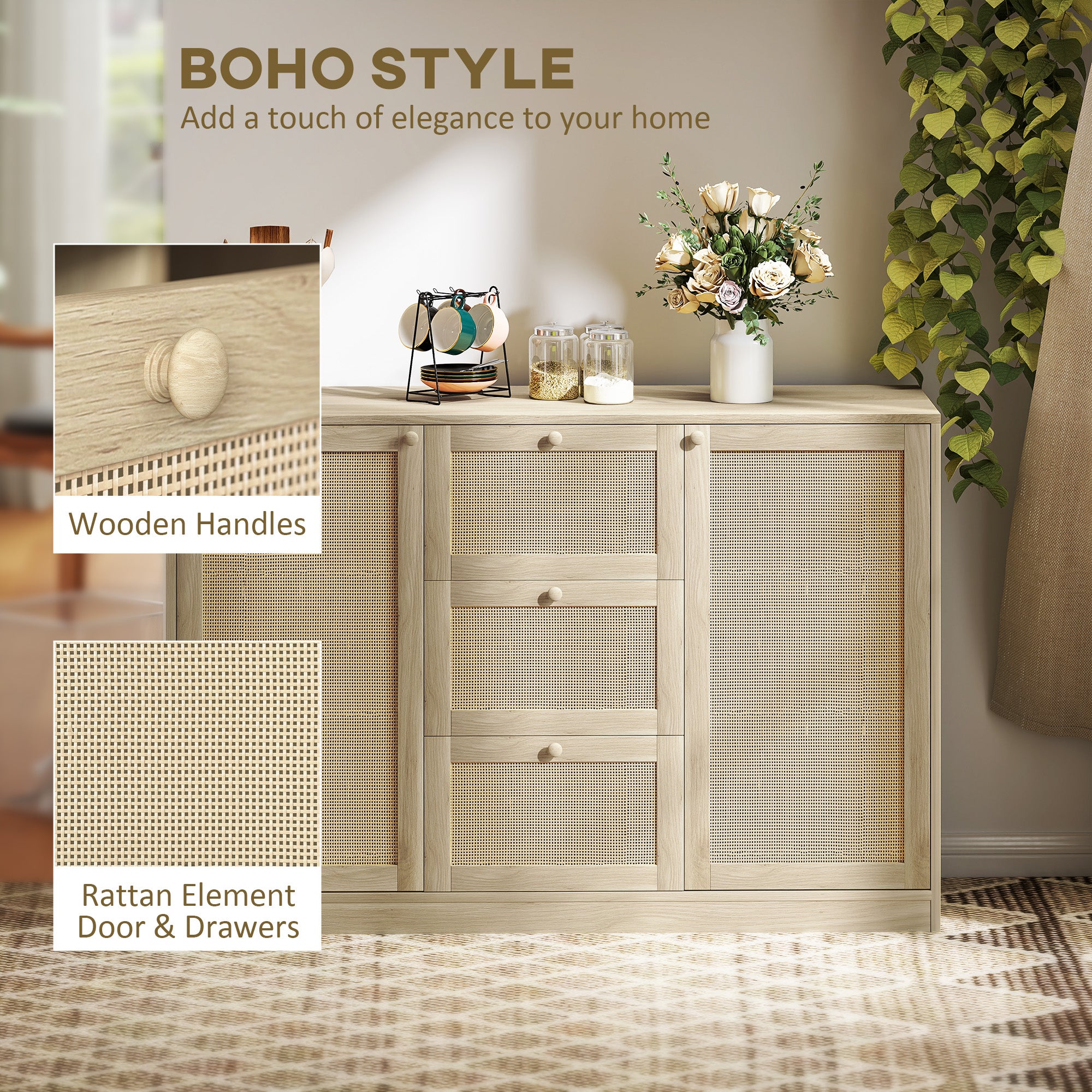 Boho Sideboard - Rattan Buffet Cabinet with 3 Drawers Natural-DECOROLALA