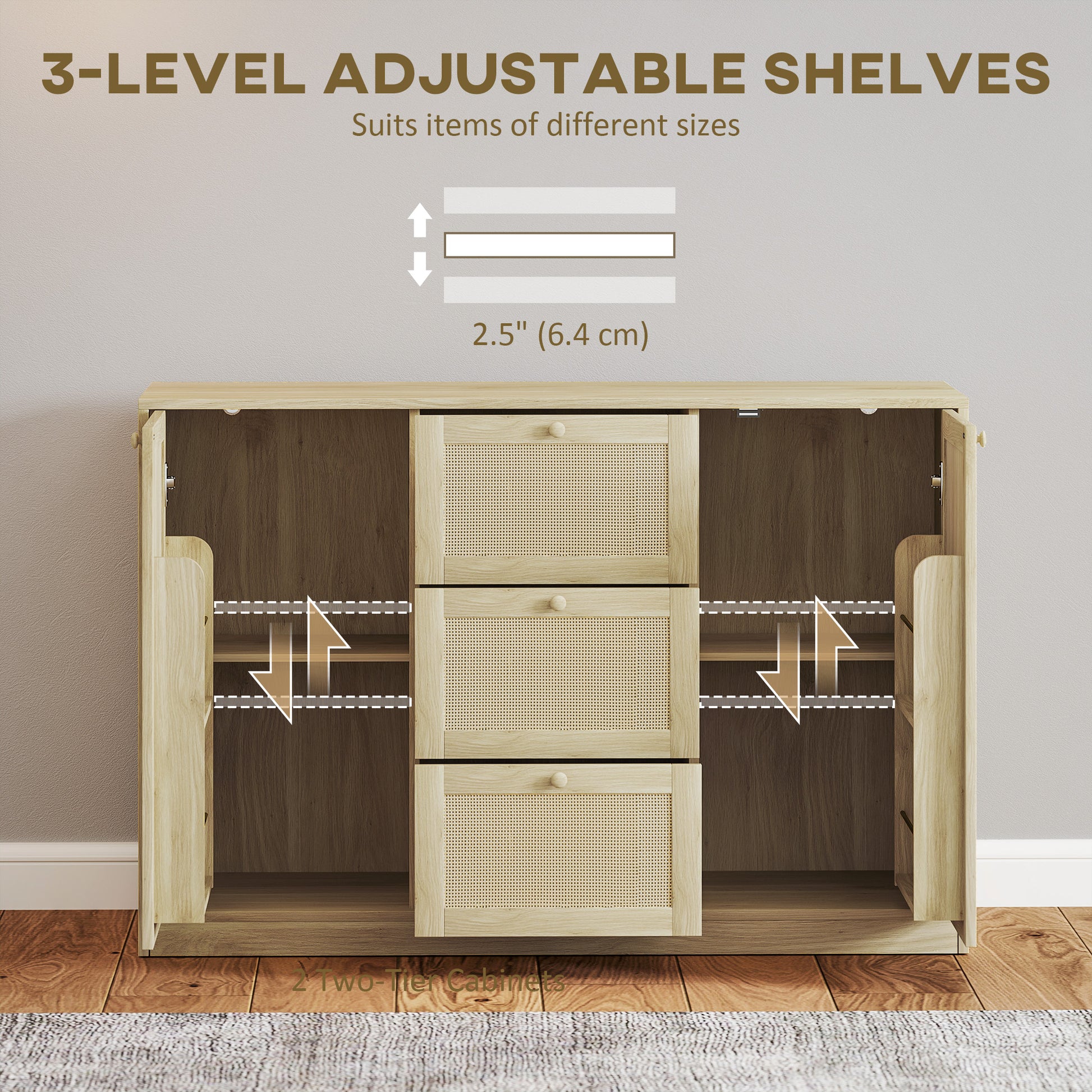 Boho Sideboard - Rattan Buffet Cabinet with 3 Drawers Natural-DECOROLALA