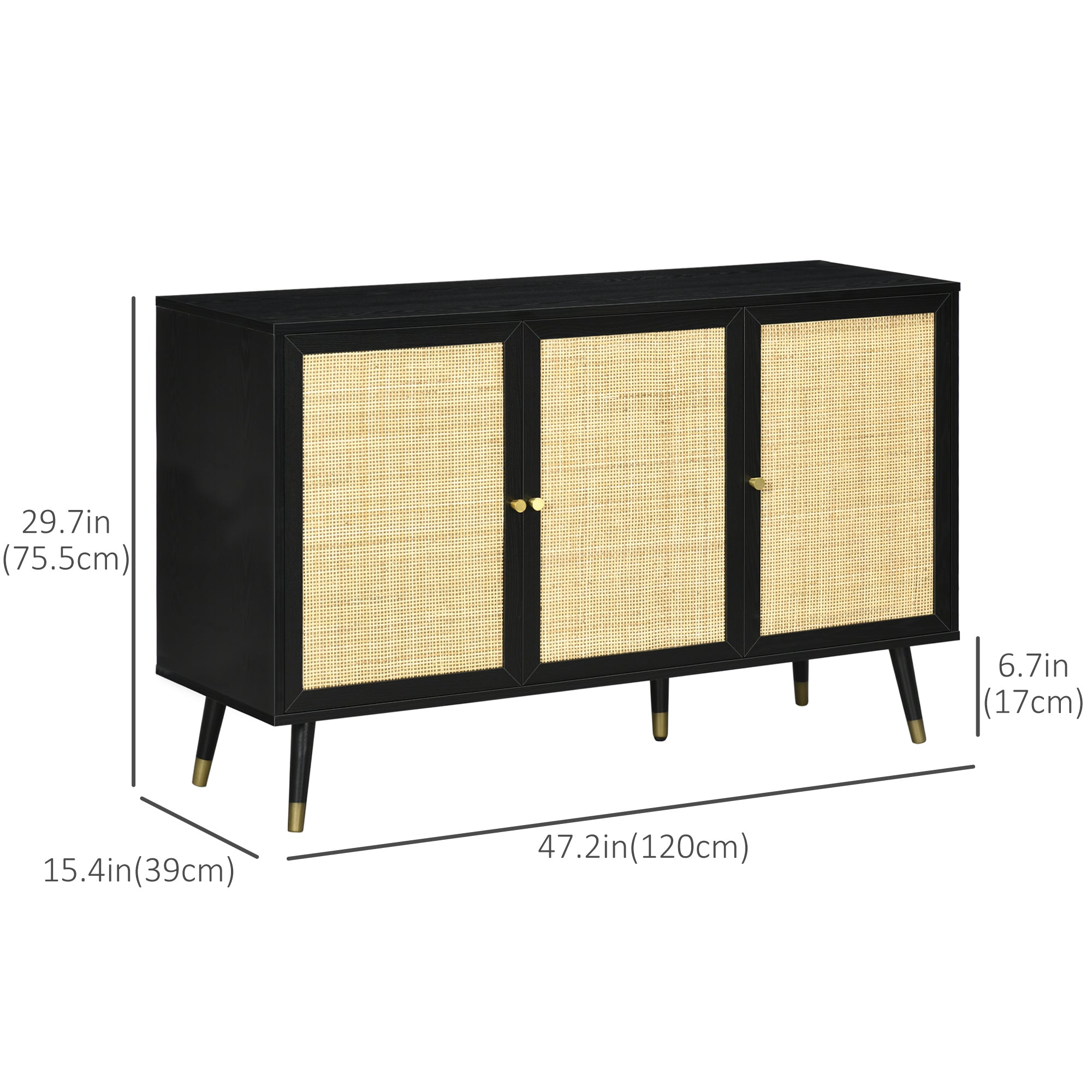 Boho Storage Sideboard Cabinet, Black with Rattan Doors and Shelves-DECOROLALA