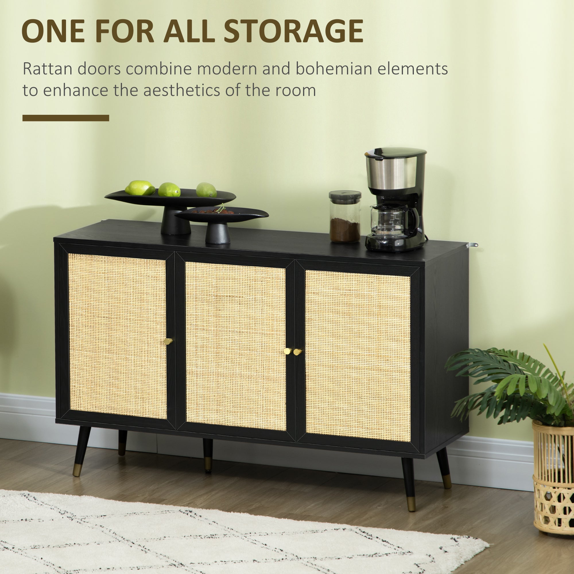 Boho Storage Sideboard Cabinet, Black with Rattan Doors and Shelves-DECOROLALA