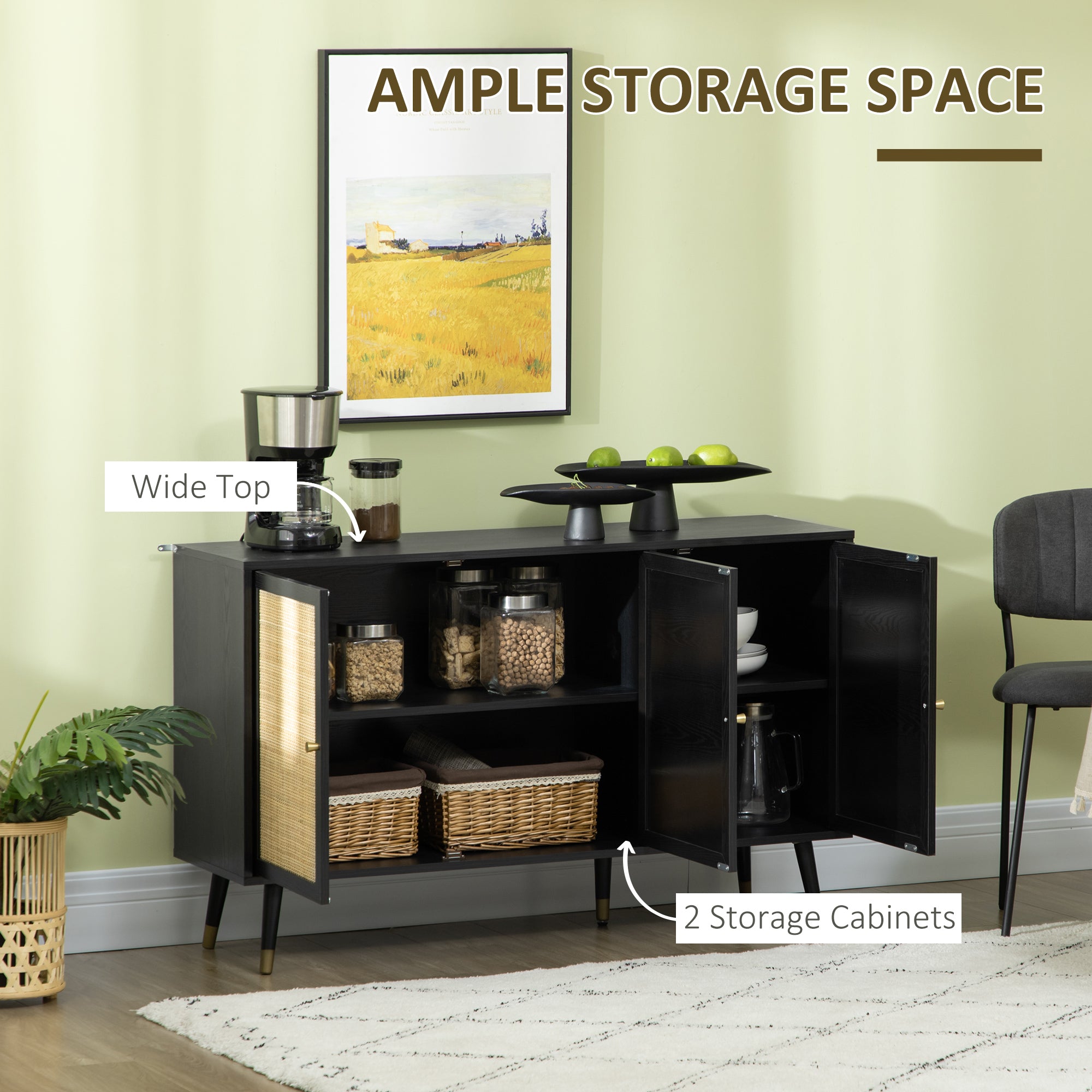 Boho Storage Sideboard Cabinet, Black with Rattan Doors and Shelves-DECOROLALA
