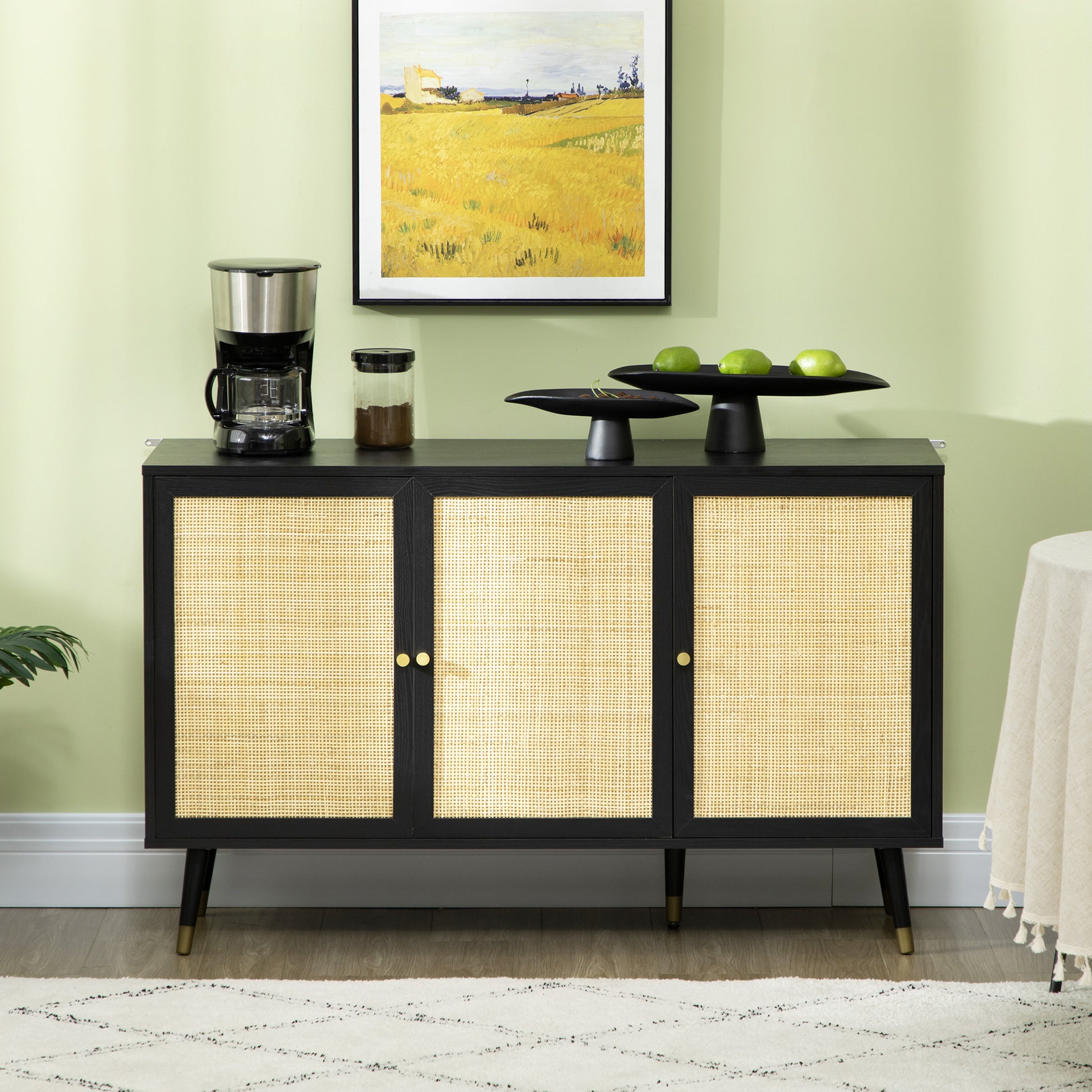 Boho Storage Sideboard Cabinet, Black with Rattan Doors and Shelves-DECOROLALA