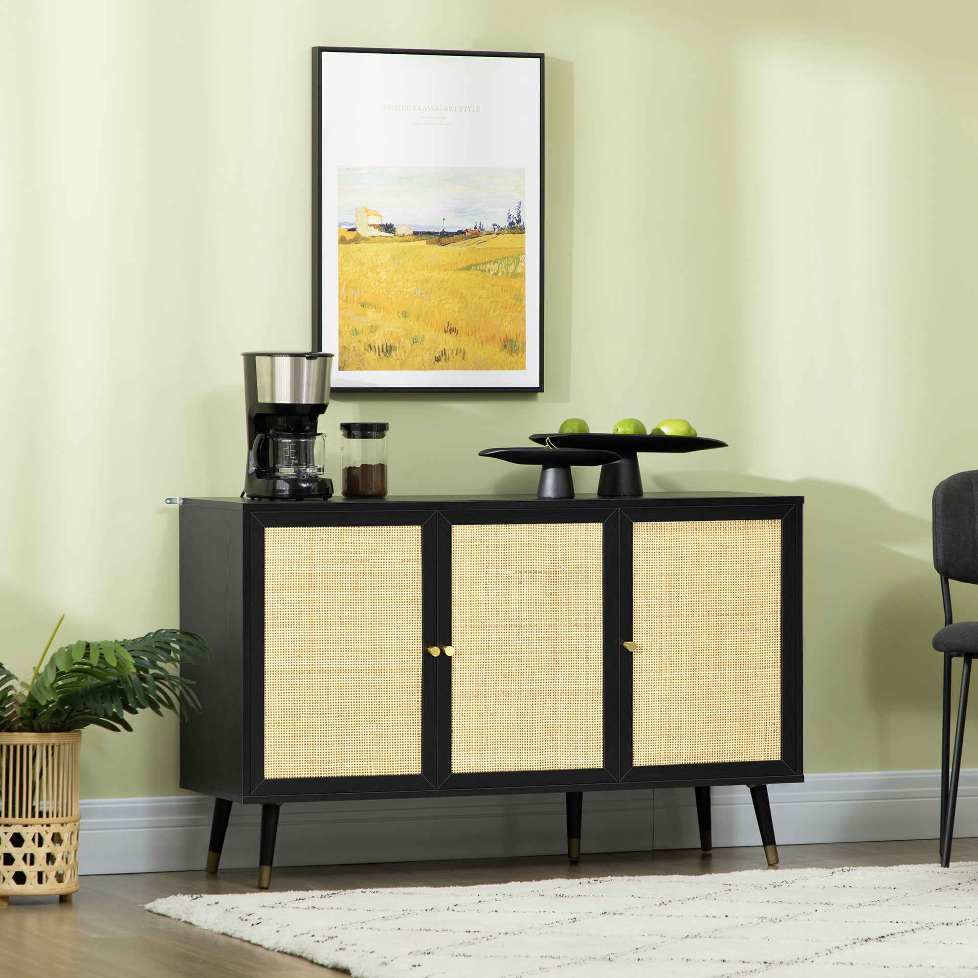 Boho Storage Sideboard Cabinet, Black with Rattan Doors and Shelves-DECOROLALA