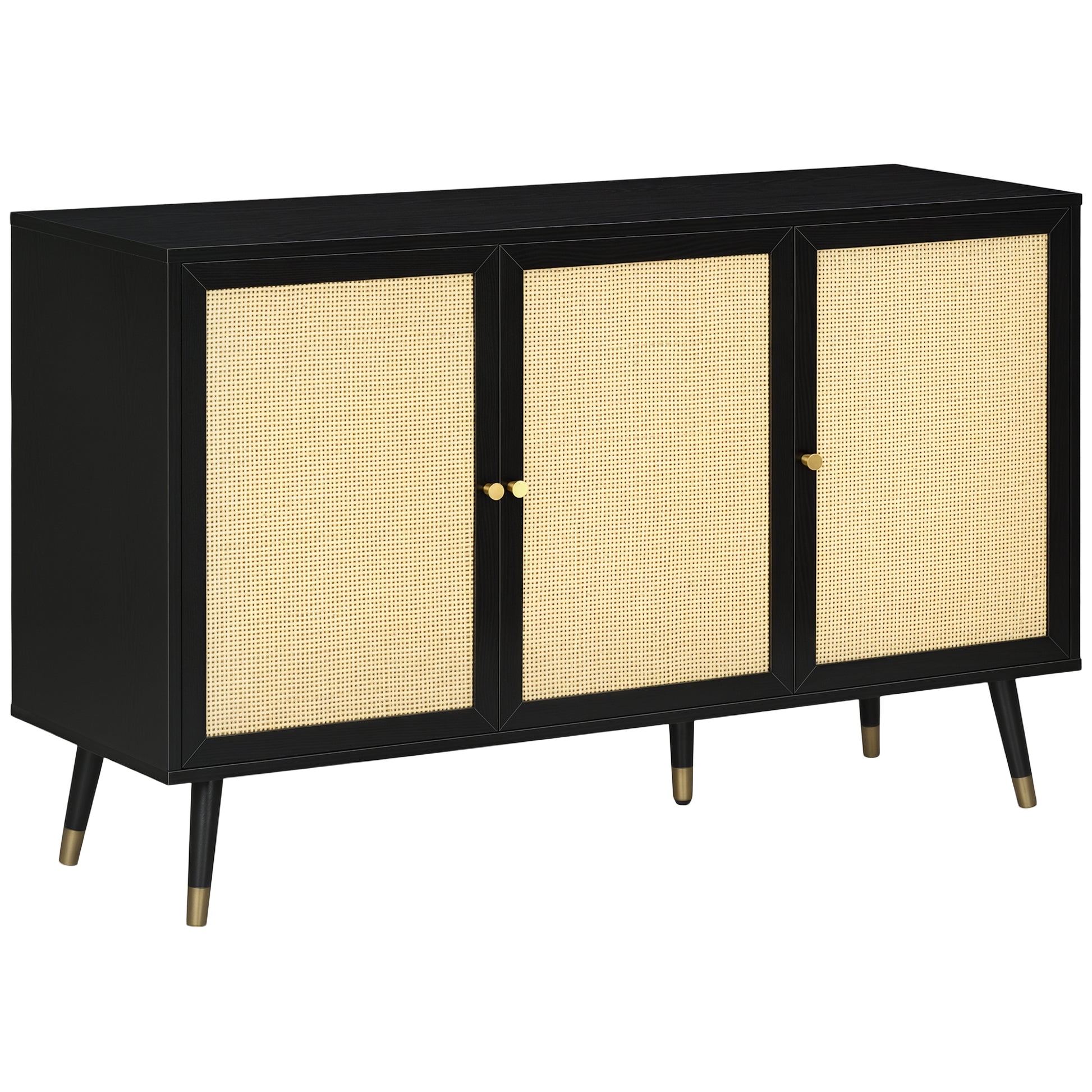Boho Storage Sideboard Cabinet, Black with Rattan Doors and Shelves-DECOROLALA
