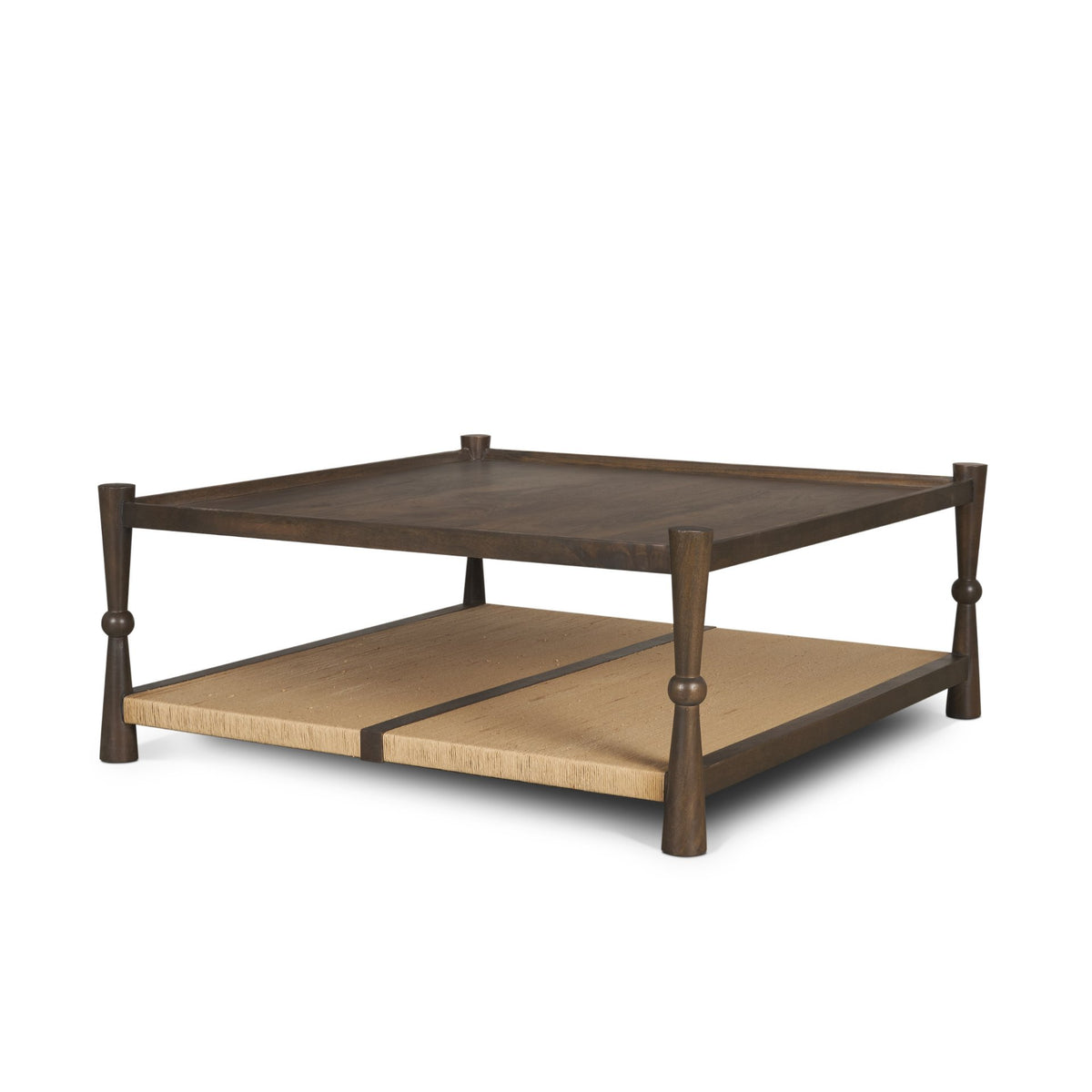 Bondi 42" Dark Brown Wood w/ Paper Rope Shelf Square Coffee Table-Coffee Tables-DECOROLALA