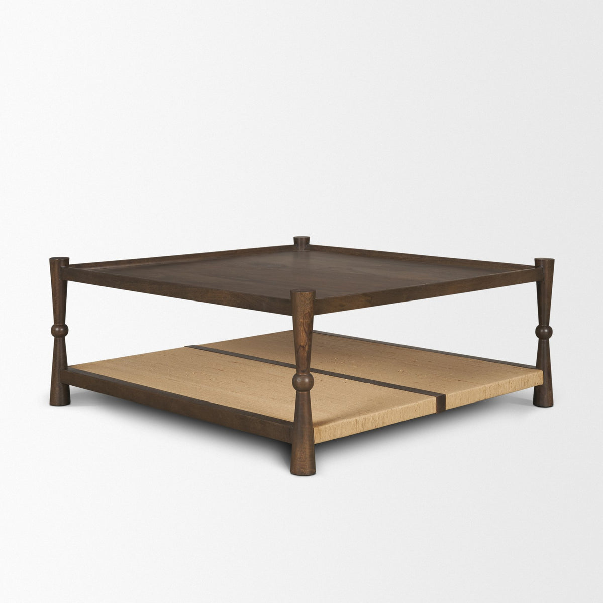 Bondi 42" Dark Brown Wood w/ Paper Rope Shelf Square Coffee Table-Coffee Tables-DECOROLALA