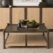 Bondi 42" Dark Brown Wood w/ Paper Rope Shelf Square Coffee Table-Coffee Tables-DECOROLALA