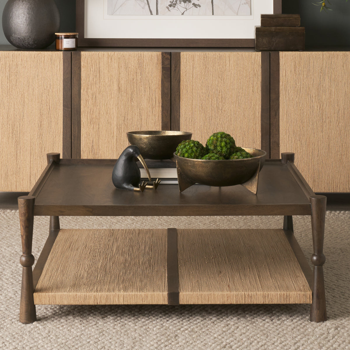 Bondi 42" Dark Brown Wood w/ Paper Rope Shelf Square Coffee Table-Coffee Tables-DECOROLALA