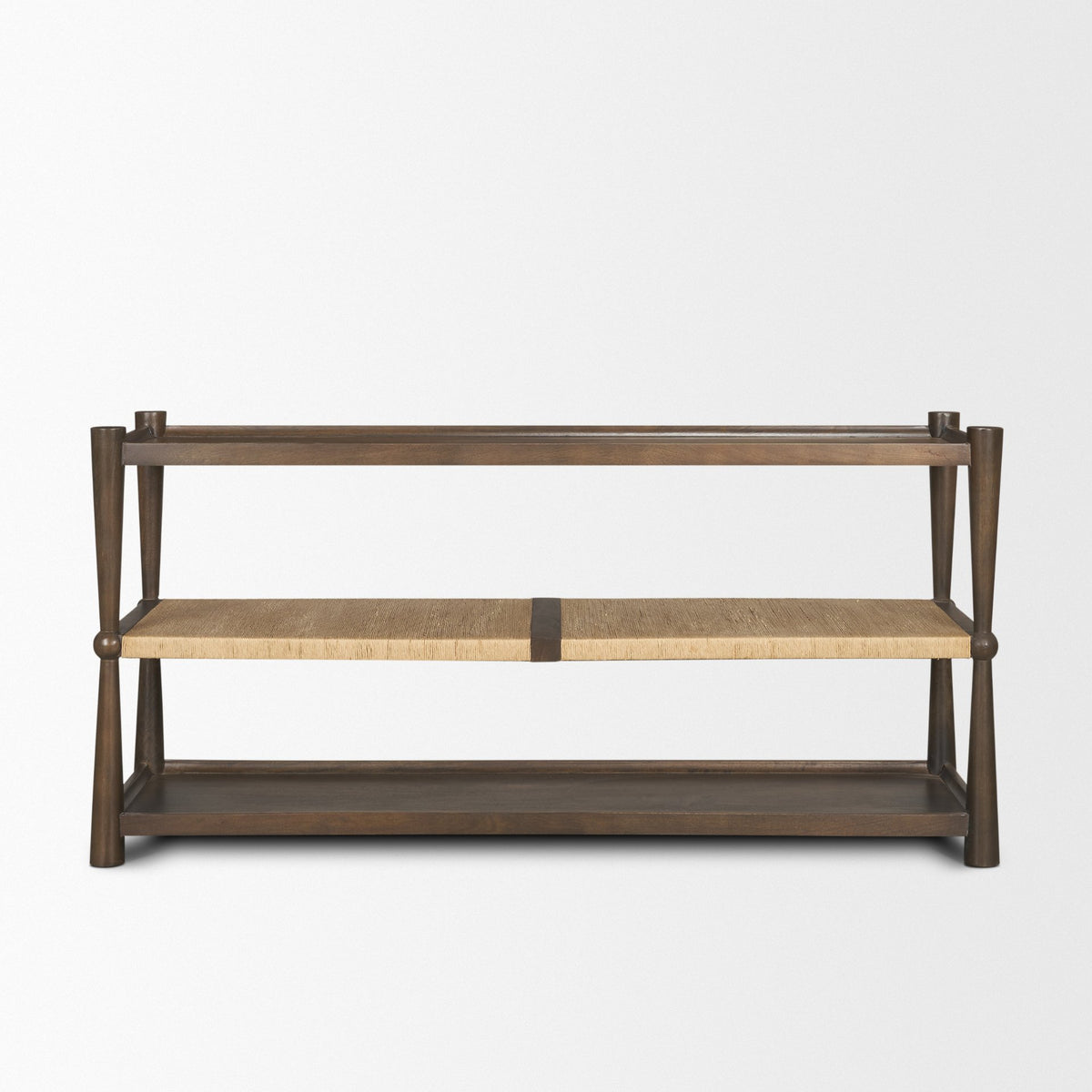 Bondi Dark Brown Wood w/ Paper Rope Shelf Console Table-Console Tables-DECOROLALA