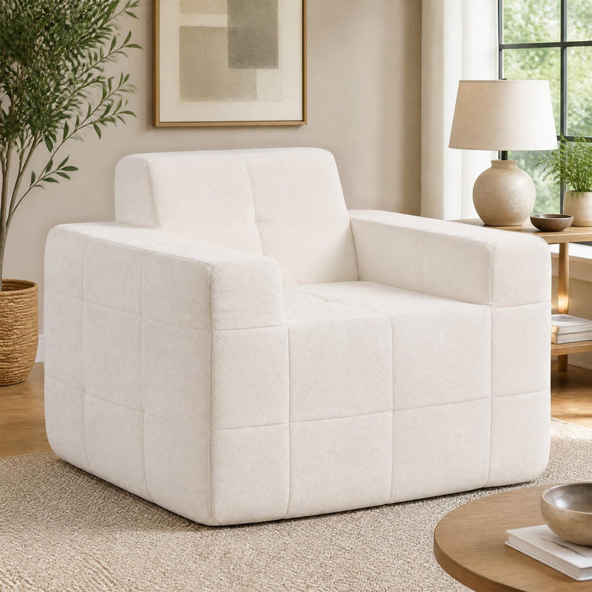 Boneless Single Sofa Chair Cloud Sofa with Terry Cloth Upholstery-Beige-Sofas & Loveseats-DECOROLALA