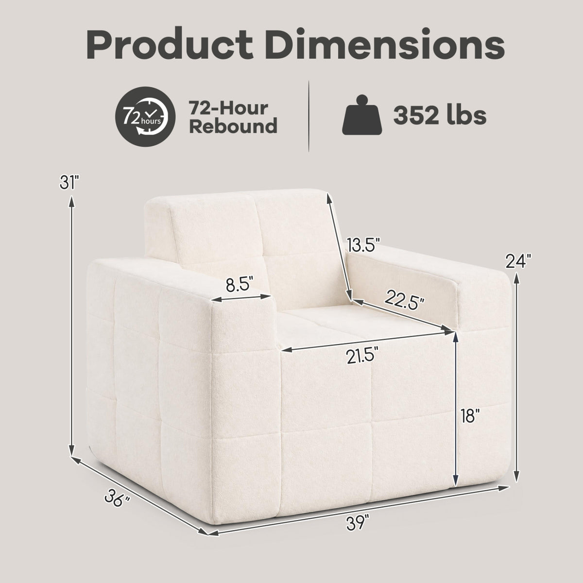 Boneless Single Sofa Chair Cloud Sofa with Terry Cloth Upholstery-Beige-Sofas & Loveseats-DECOROLALA