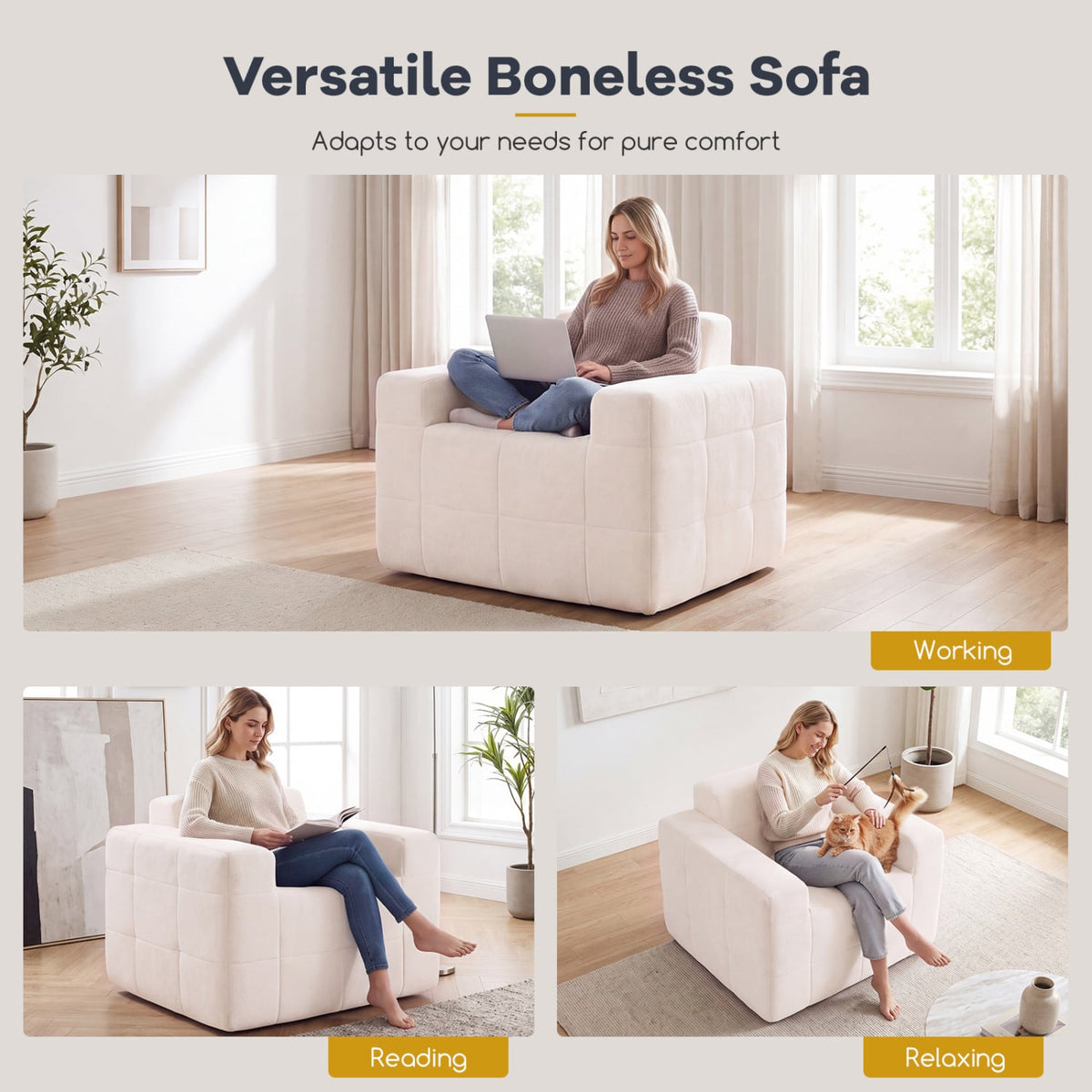 Boneless Single Sofa Chair Cloud Sofa with Terry Cloth Upholstery-Beige-Sofas & Loveseats-DECOROLALA