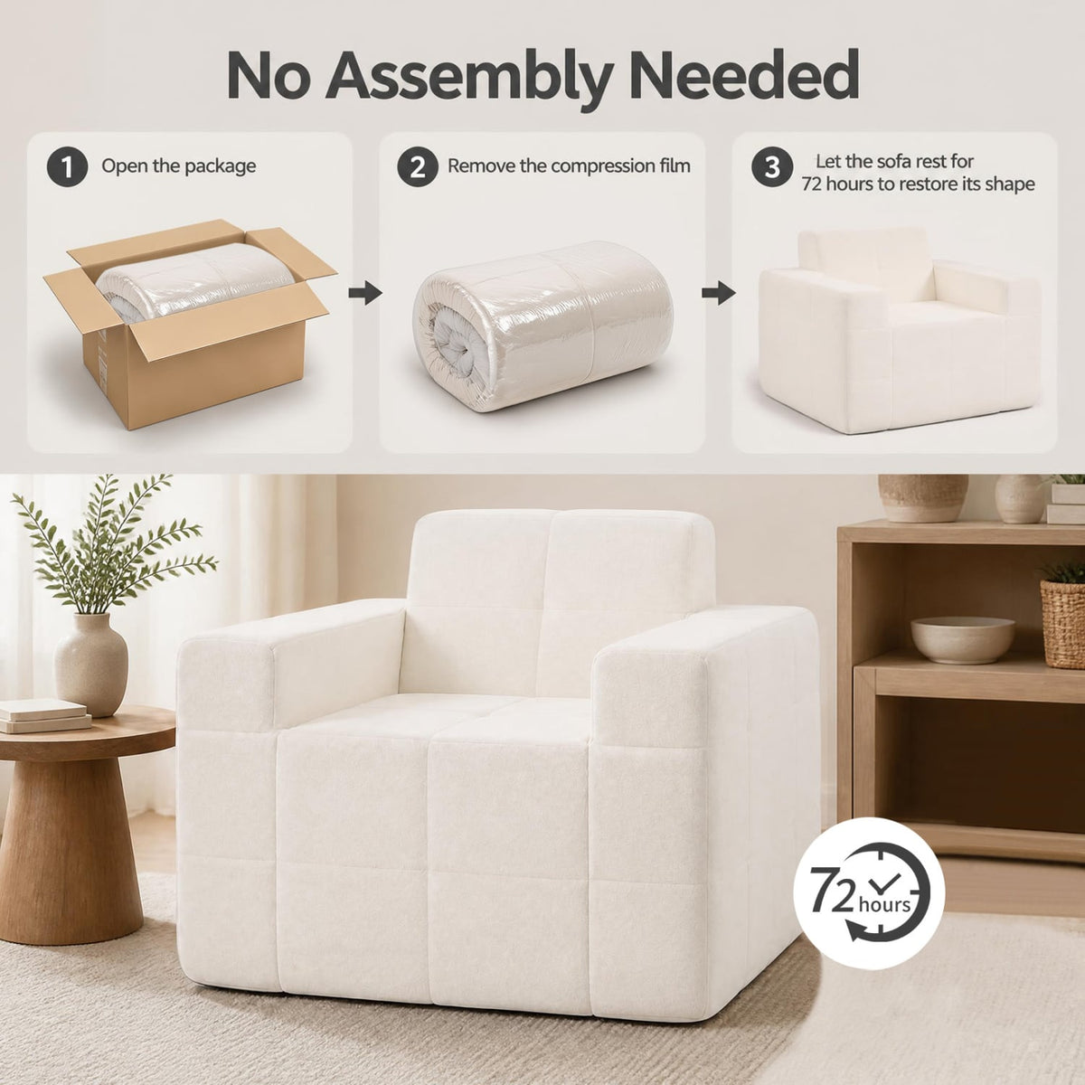 Boneless Single Sofa Chair Cloud Sofa with Terry Cloth Upholstery-Beige-Sofas & Loveseats-DECOROLALA
