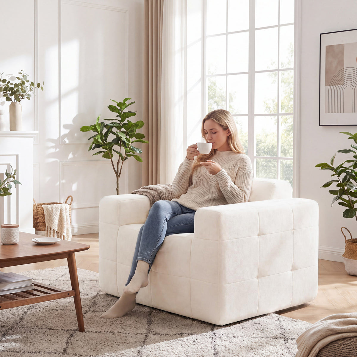 Boneless Single Sofa Chair Cloud Sofa with Terry Cloth Upholstery-Beige-Sofas & Loveseats-DECOROLALA