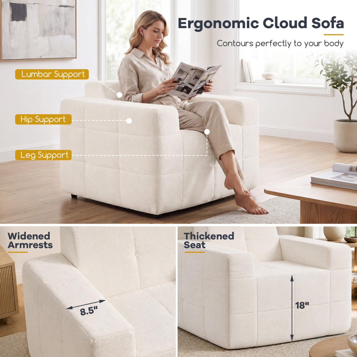 Boneless Single Sofa Chair Cloud Sofa with Terry Cloth Upholstery-Beige-Sofas & Loveseats-DECOROLALA