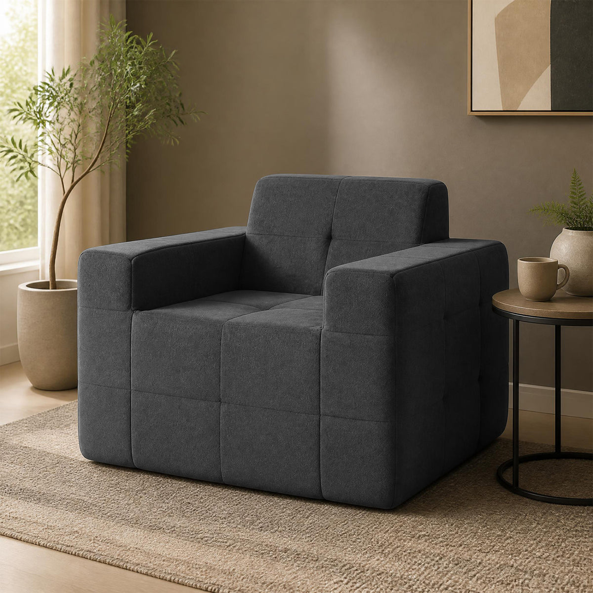 Boneless Single Sofa Chair Cloud Sofa with Terry Cloth Upholstery-Grey-Sofas & Loveseats-DECOROLALA