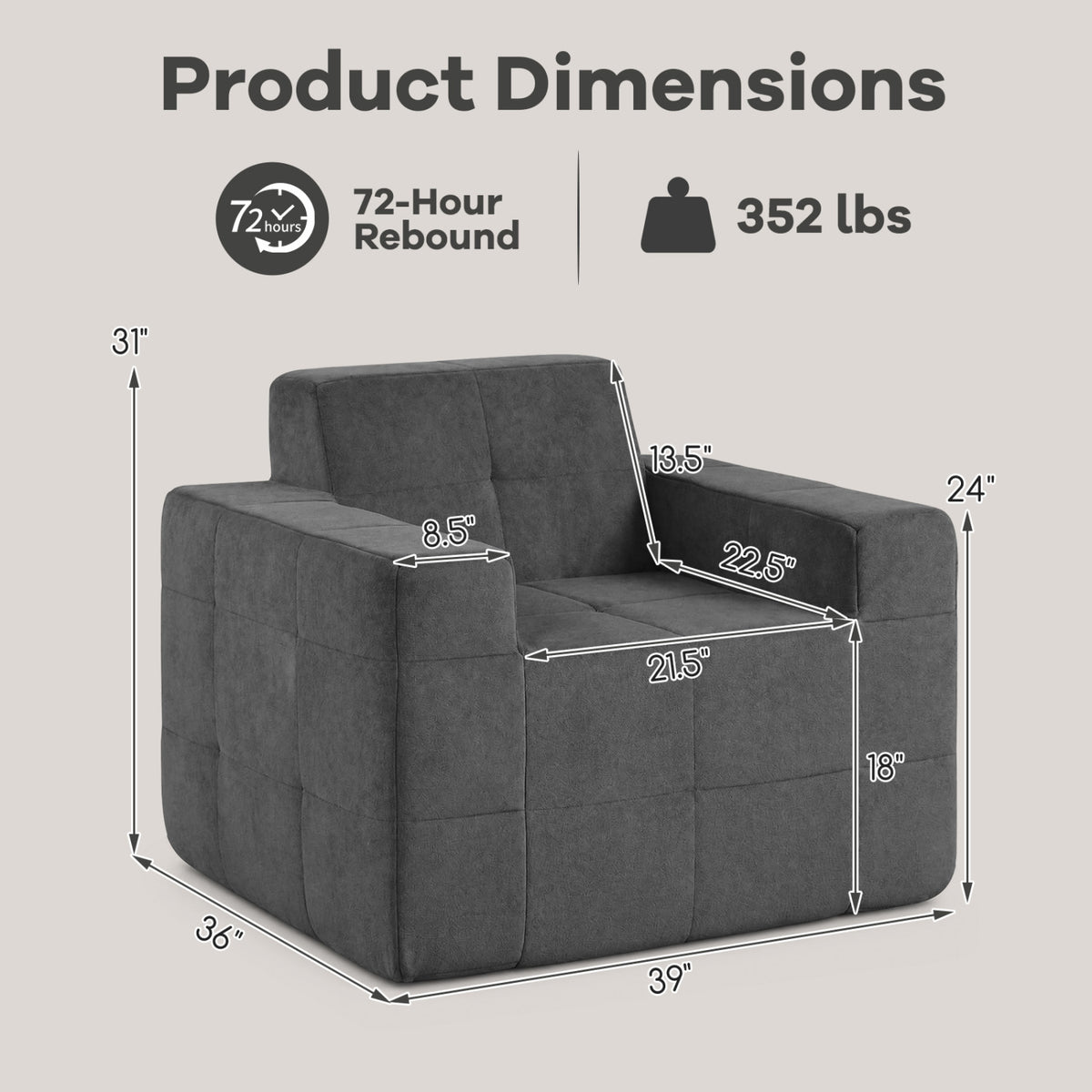 Boneless Single Sofa Chair Cloud Sofa with Terry Cloth Upholstery-Grey-Sofas & Loveseats-DECOROLALA