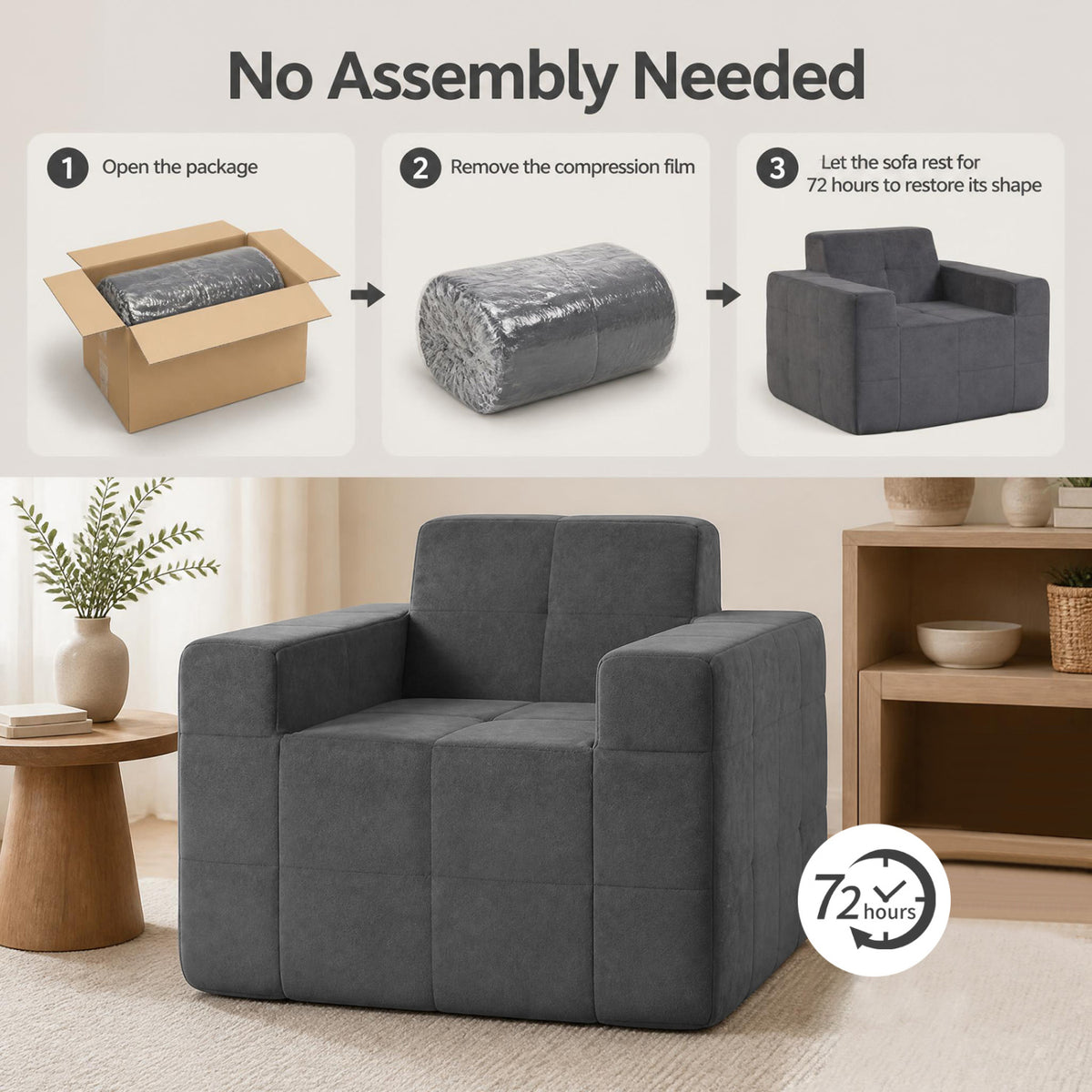 Boneless Single Sofa Chair Cloud Sofa with Terry Cloth Upholstery-Grey-Sofas & Loveseats-DECOROLALA